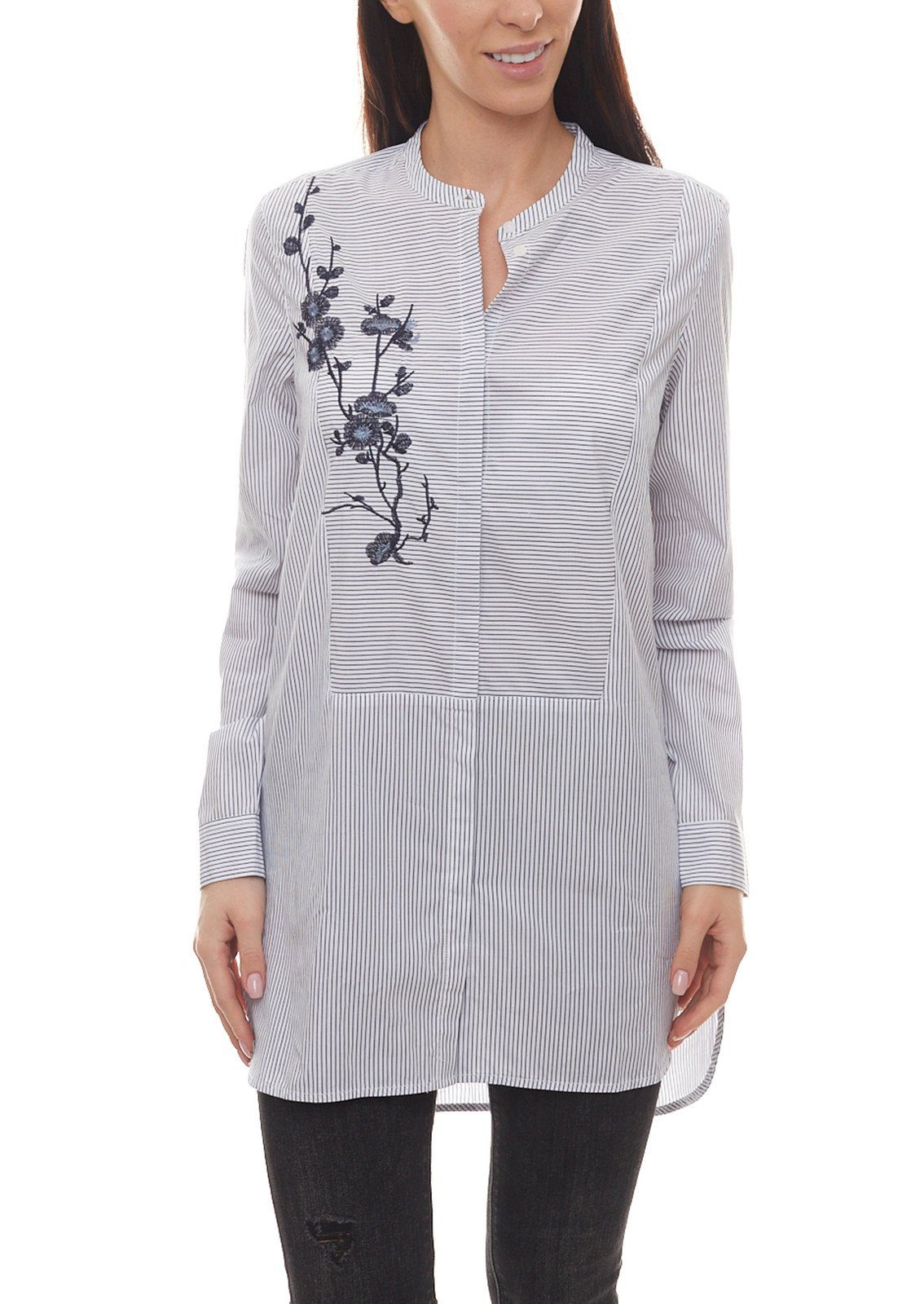 CLAIRE WOMAN Blusentop »CLAIRE WOMAN Bluse gestreifte Damen Sommer-Bluse  mit Blumen-Stickerei Freizeit-Bluse Weiß-Blau« online kaufen | OTTO