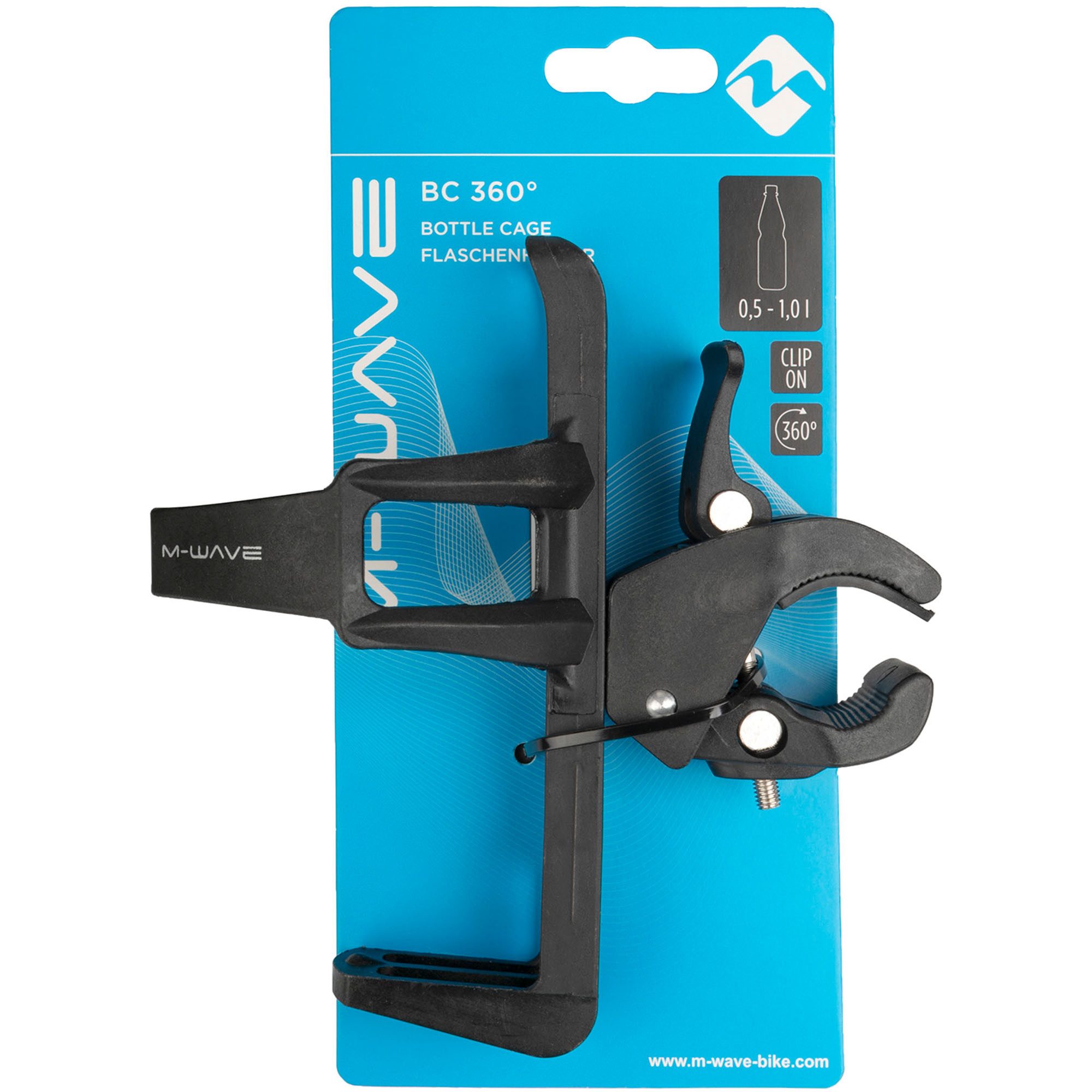 M-Wave Fahrrad-Flaschenhalter BC 360, (1-St), Flaschenhalter Kunststoff Fahrrad Rollstuhl Clip-On Halter 0,7 - 1,0L