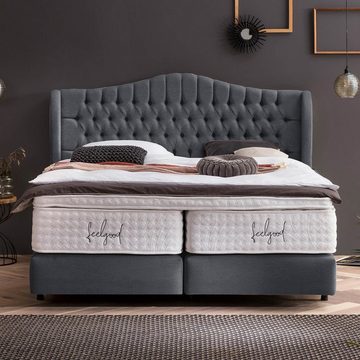 BettCo Boxspringbett Maison (140 x 200 cm, in Anthrazit Webstoff), Chesterfield Design mit Ohren + optionaler Topper, Schwebeoptik