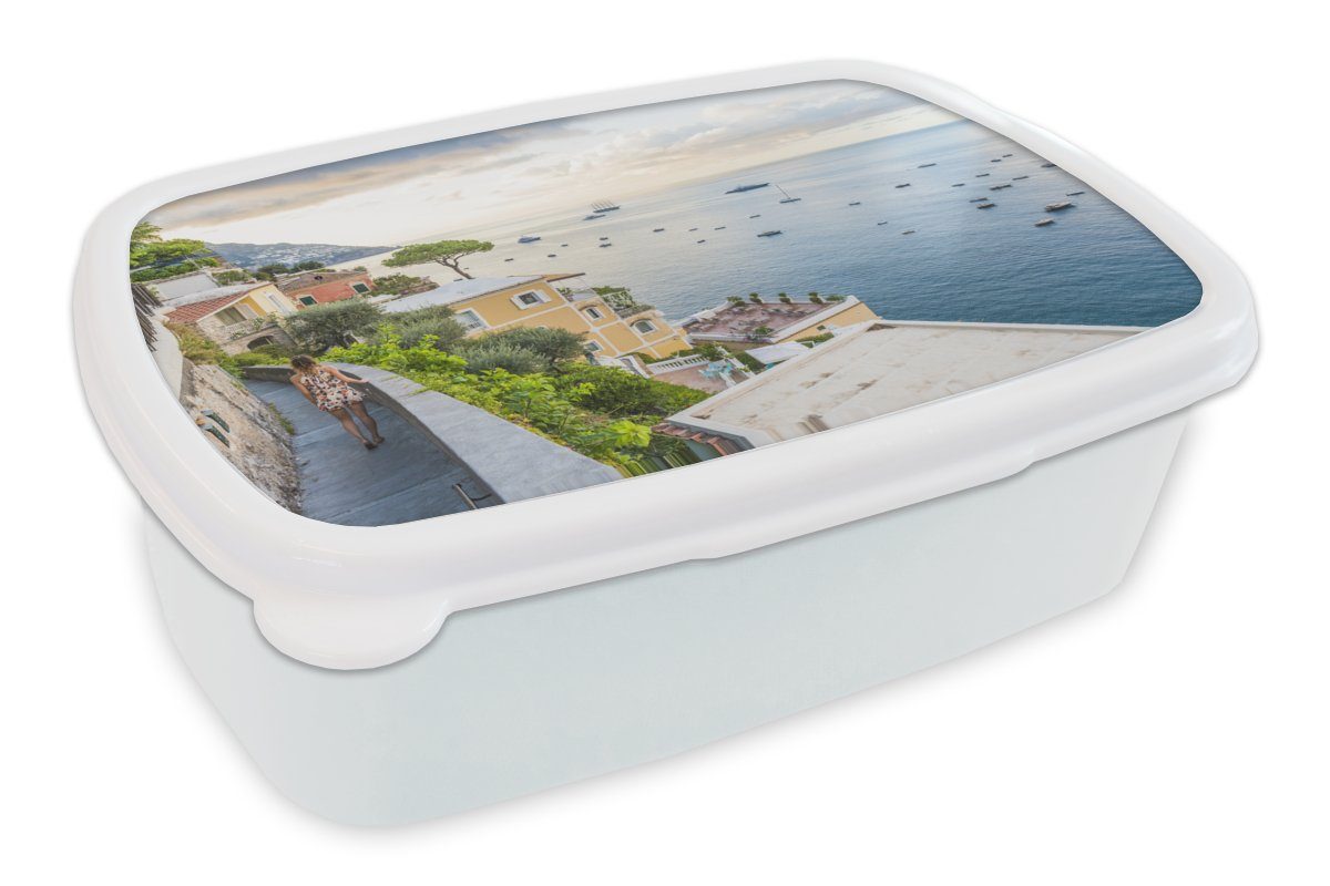 MuchoWow Lunchbox Italien - Frau - Positano - Meer, Kunststoff, (2-tlg), Brotbox für Kinder und Erwachsene, Brotdose, für Jungs und Mädchen weiß
