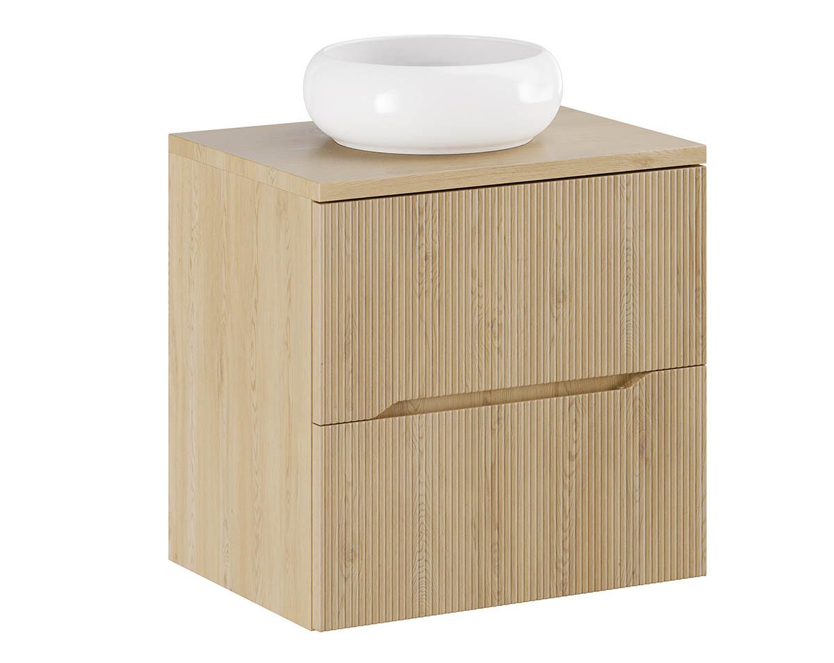 einfachgutemoebel Waschtisch-Set Bad Waschplatz STEINFJORD 60cm Schubfächer, Aufsatzbecken weiß, oak, (Badmöbel Set, 1-St., Waschtisch Unterschrank)