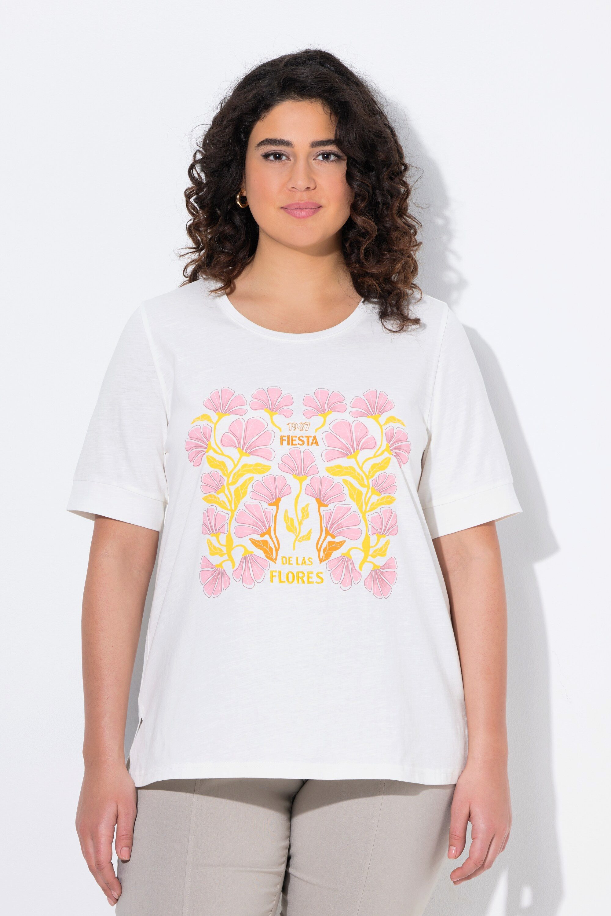 T-Shirt T-Shirt Blüten Stickerei Rundhals Halbarm