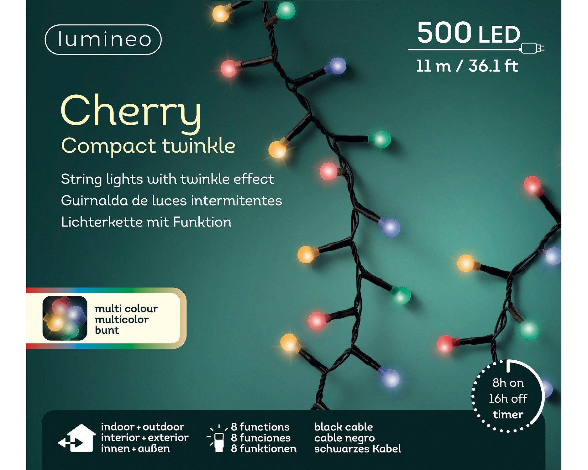 Lumineo LED-Lichterkette Lumineo Lichterkette CHERRY Compact Twinkle 500 LED 11 m Bunt, Indoor/Outdoor, 8 Funktionen, 8h-Timer, + 5 Meter