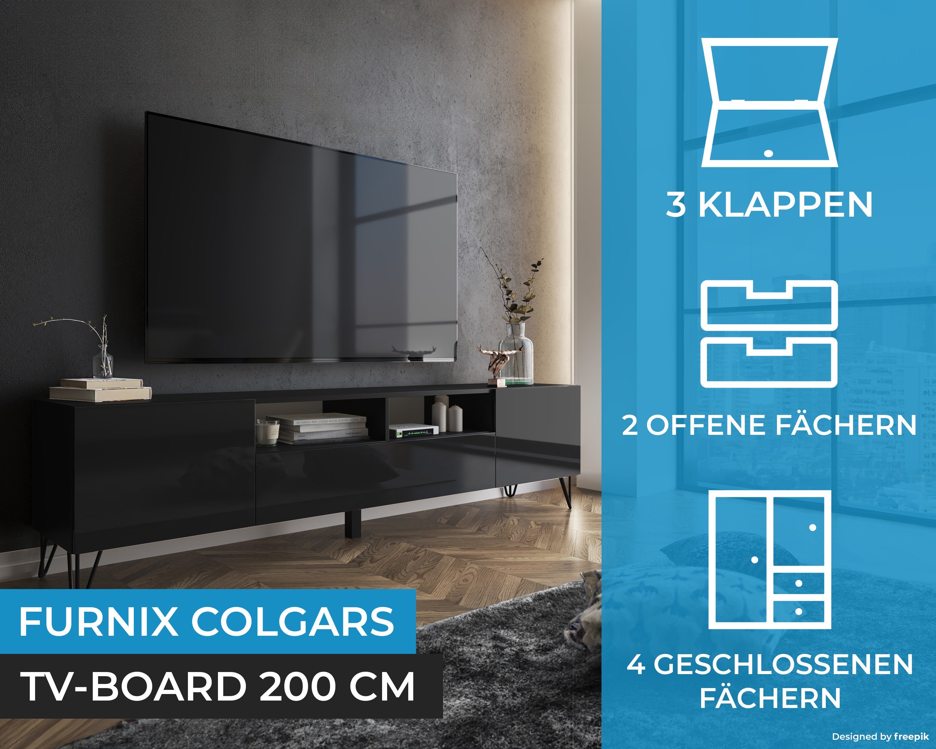 TV-Board Glanz x T37 TV-Schrank Schwarz/Schwarz cm Furnix B200 H51 Lowboard HAIRPIN Metallfüßen, COLGARS mit x M11