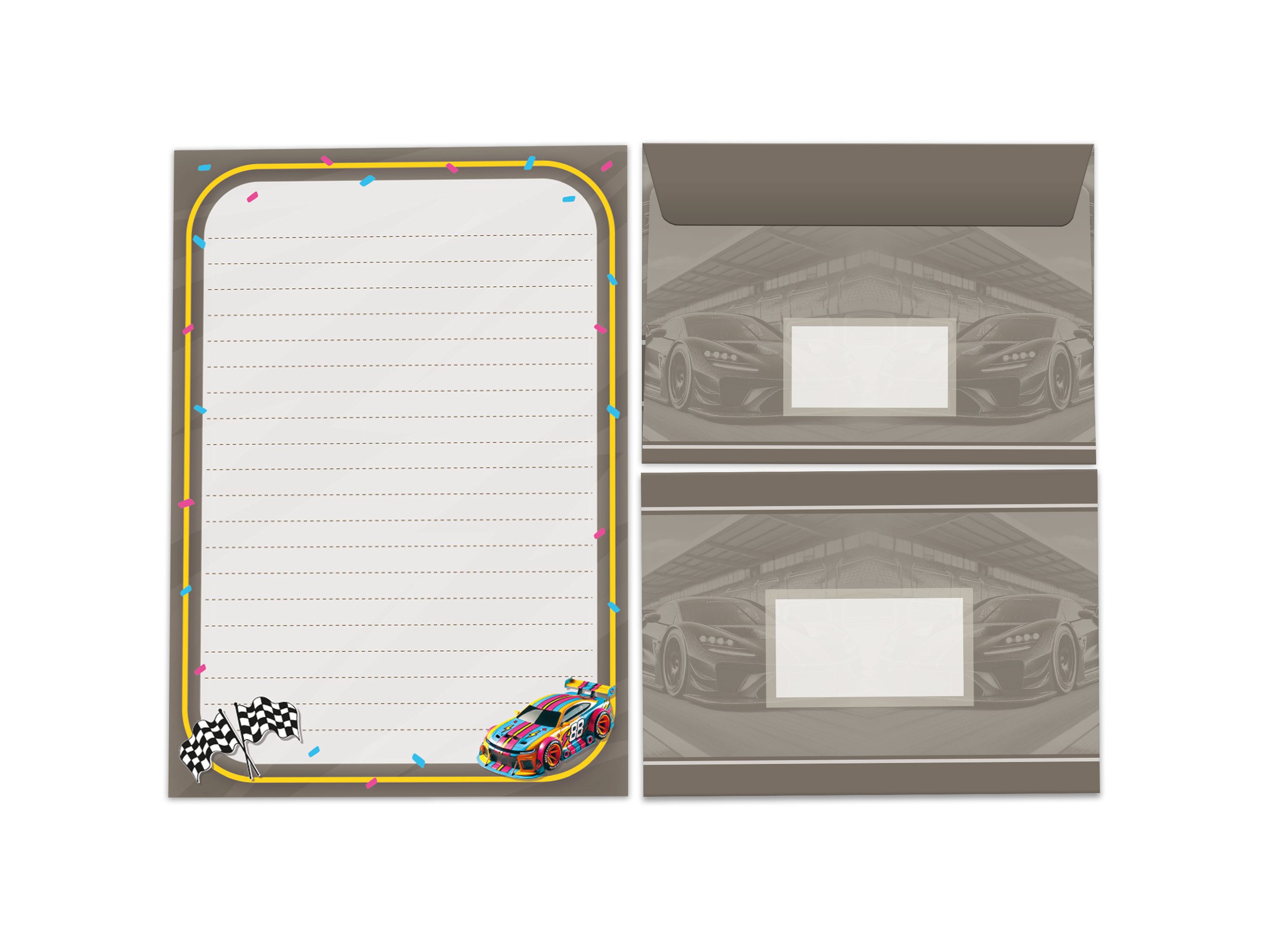 LIMONIA Briefpapier Set Kinder Briefblock A5 mit Umschlägen Notizblock Rennauto Auto, Kinder-Briefpapier A5 mit 15 Umschlägen, liniert & leicht beschreibbar