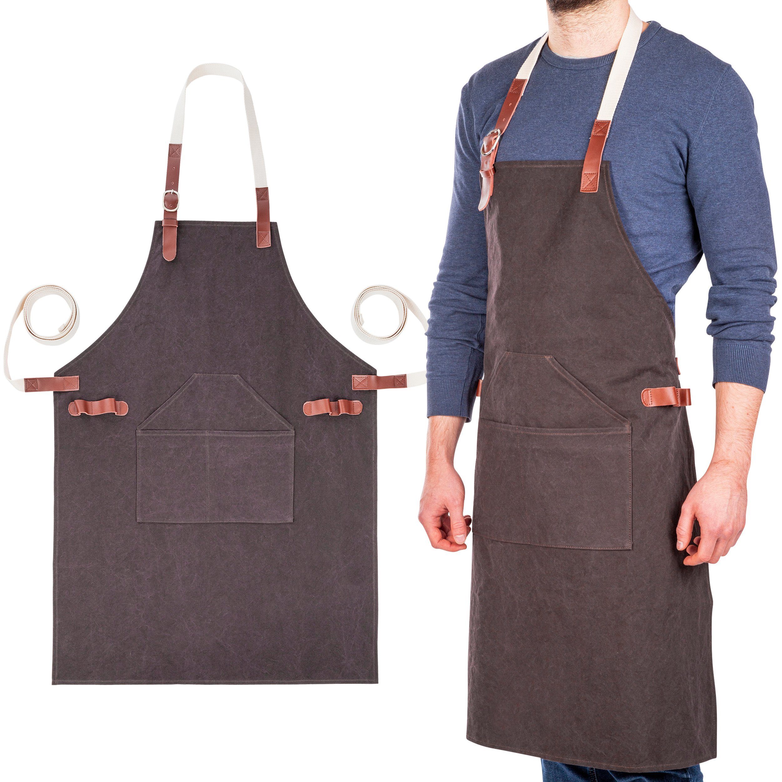 Küchenschürze mit Taschen PLAUSO Grillschürze Kochschürze für Männer Frauen Verstellbarer Schürze Rundumschutz vor Fettschmutz & Spritzwasser 
