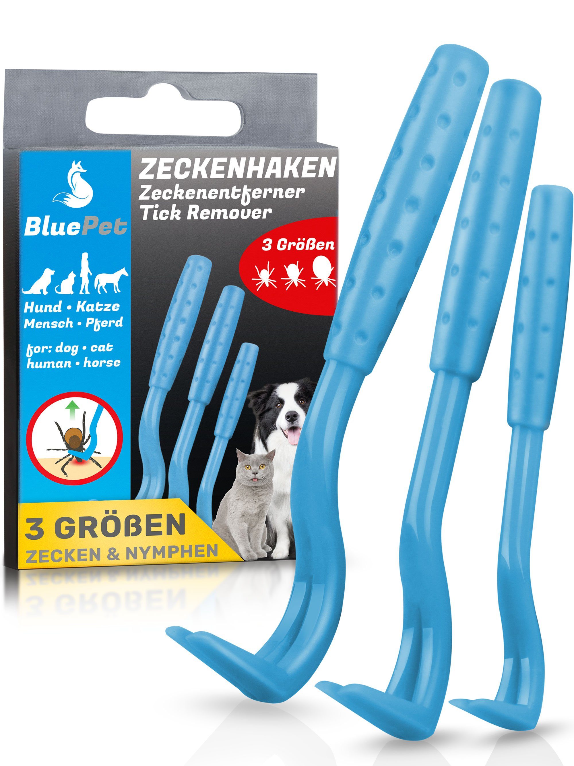 BluePet Zeckenpinzette "Tick-Trick" Zeckenhaken 3er Set Zeckenentferner, Zeckenentfernung für Menschen und Tiere Blau