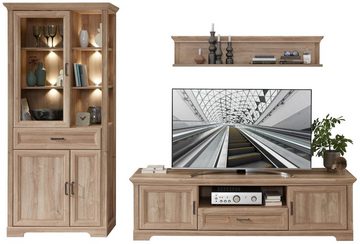 Innostyle Wohnwand Wohnwand VIENNA RR83 Eiche Nachbildung 3-teilig im Landhausstil, (Komplett-Set, 3-St., Vitrine, TV-Lowboard, Wandboard)