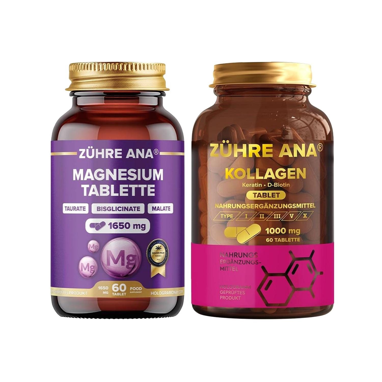 Zühre Ana® Kollagen & Magnesium–Praktische Ergänzung für eine bewusste Tagesrouti Kapseln, 160 g, Vegane Kombination für den Alltag, ohne Aroma