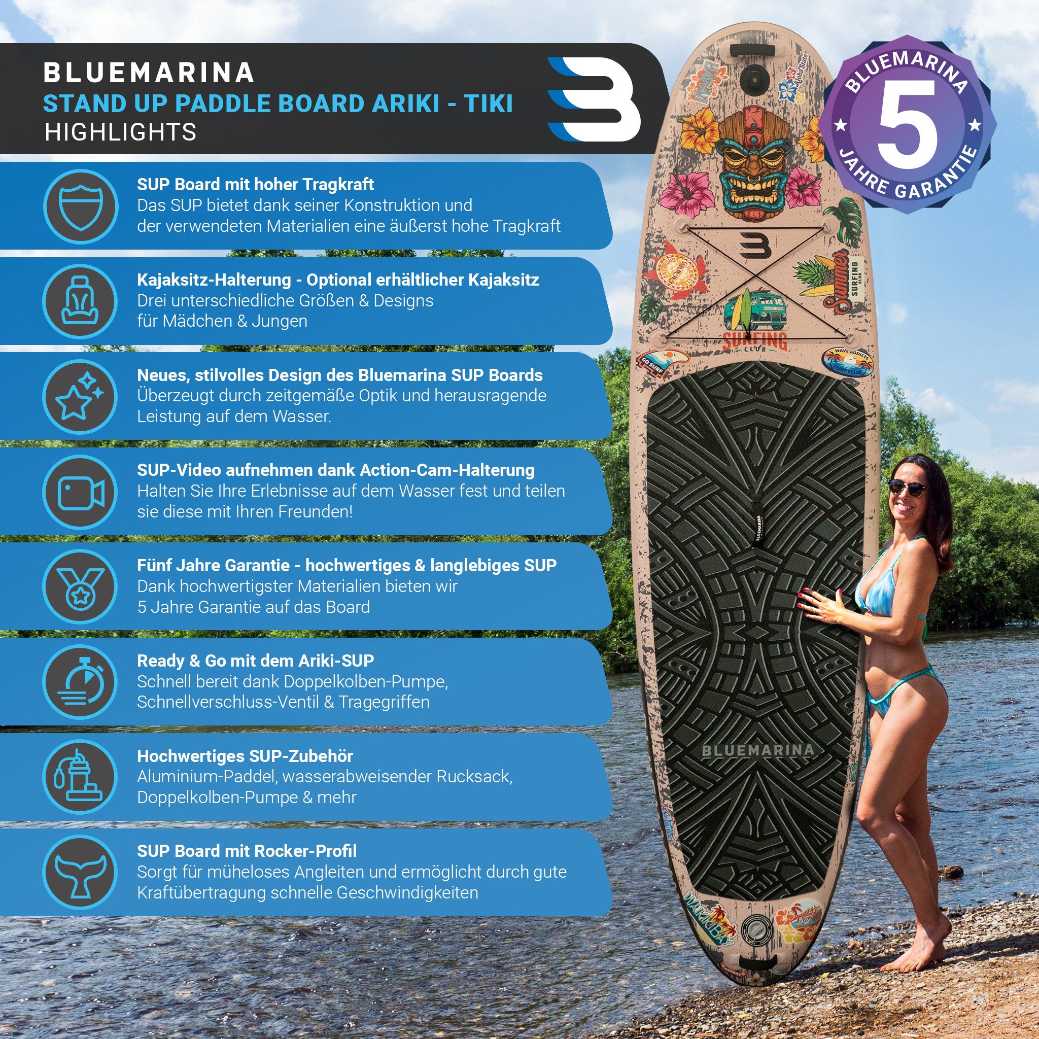 Bluemarina SUP-Board Tiki, Stand Up Paddle aufblasbar mit Paddel, SUP, 5J Garantie, (Stand Up Paddle, SUP), 5 Jahre Garantie, Stand Up Paddle, SUP, SUP Board