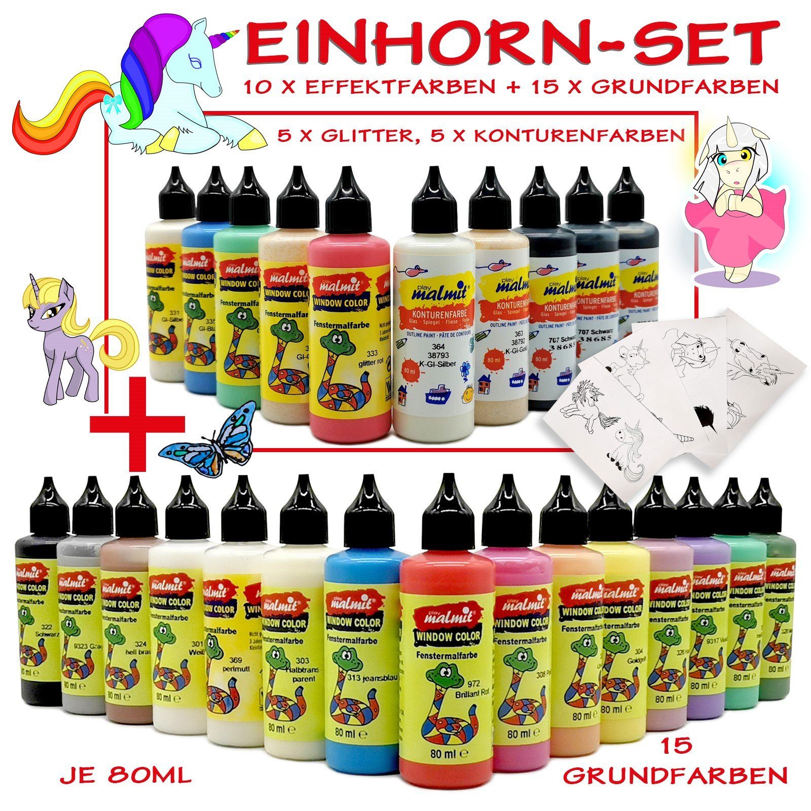 creative malmit® Sticker Window Color Einhorn Set 25 Farben Fenstermalfarbe Fenstebild, (25-tlg)