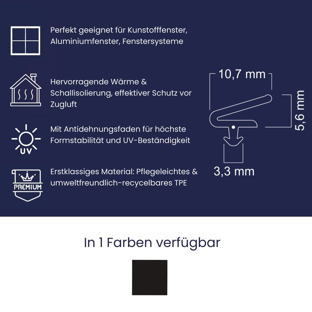Dikara Profildichtungsband Fensterdichtung Lippendichtung Rahmen, Flügel, Nut 3,3mm Höhe 5,6mm, Antidehnungsfaden, TPE