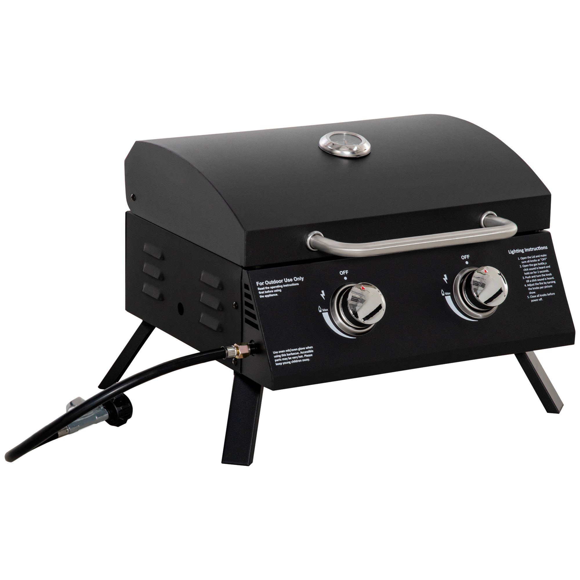 Outsunny Gasgrill Campinggasgrills mit 2 Brennern, Gasgrill, Tischgrill, Edelstahl Schwarz 55 x 46,5 x 41 cm