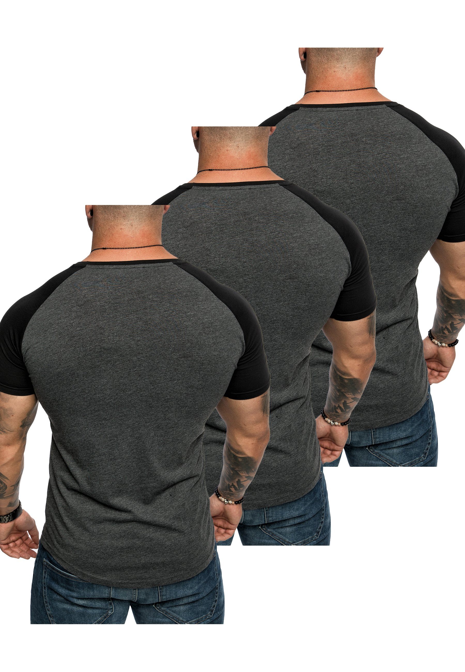 3. (3x Herren OMAHA T-Shirt Basic 3er-Pack Oversize Anthrazit/Schwarz) T-Shirt Raglan (3er-Pack) Kontrast T-Shirts Amaci&Sons