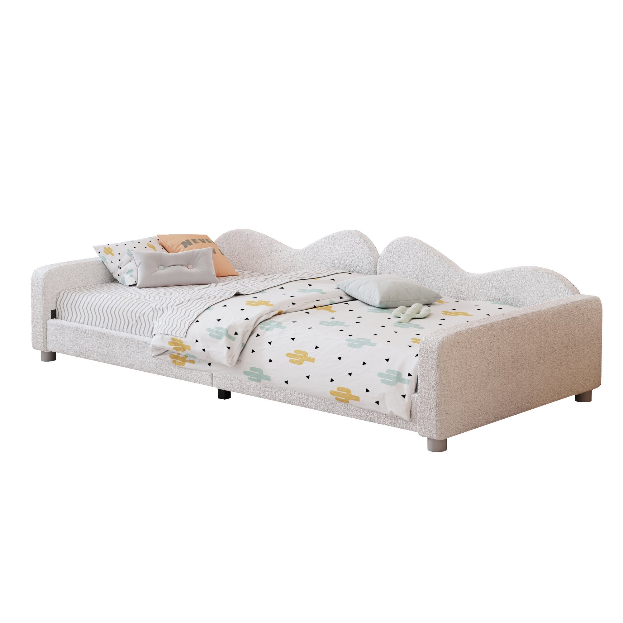 cm weiches ohne Multifunktionales HAUSS Bett), Polsterbett Tagesbett Rückenlehne (mit Teddystoff Bettgestell Kinderbett SPLOE weiß Schlafsofa 90x200 Polsterbett Matratze Armlehnen, und