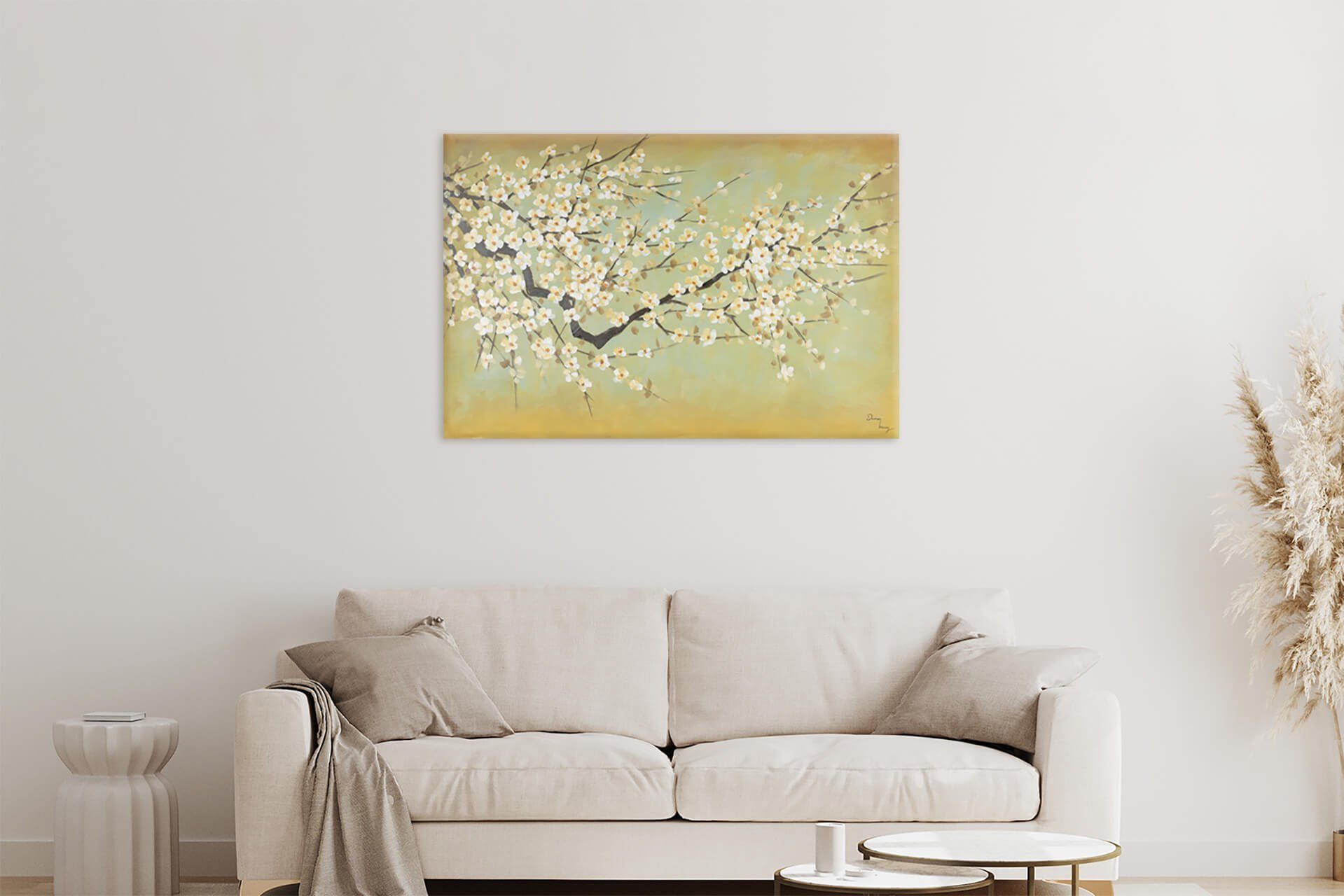 gelb KUNSTLOFT Wohnzimmer 120x80 weiß, Leinwandbild Wandbild Gemälde Kirschblüten 100% cm, HANDGEMALT