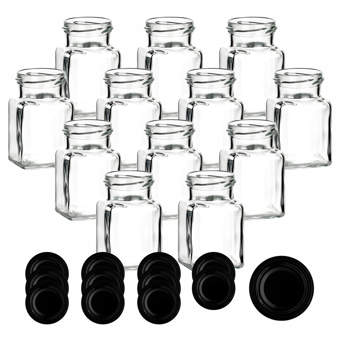 Vorratsgläser, gouveo Schwarz 150 Kleine Vorratsglas ml Einmachgläser (12-tlg), eckig - Schraub-Deckel mit