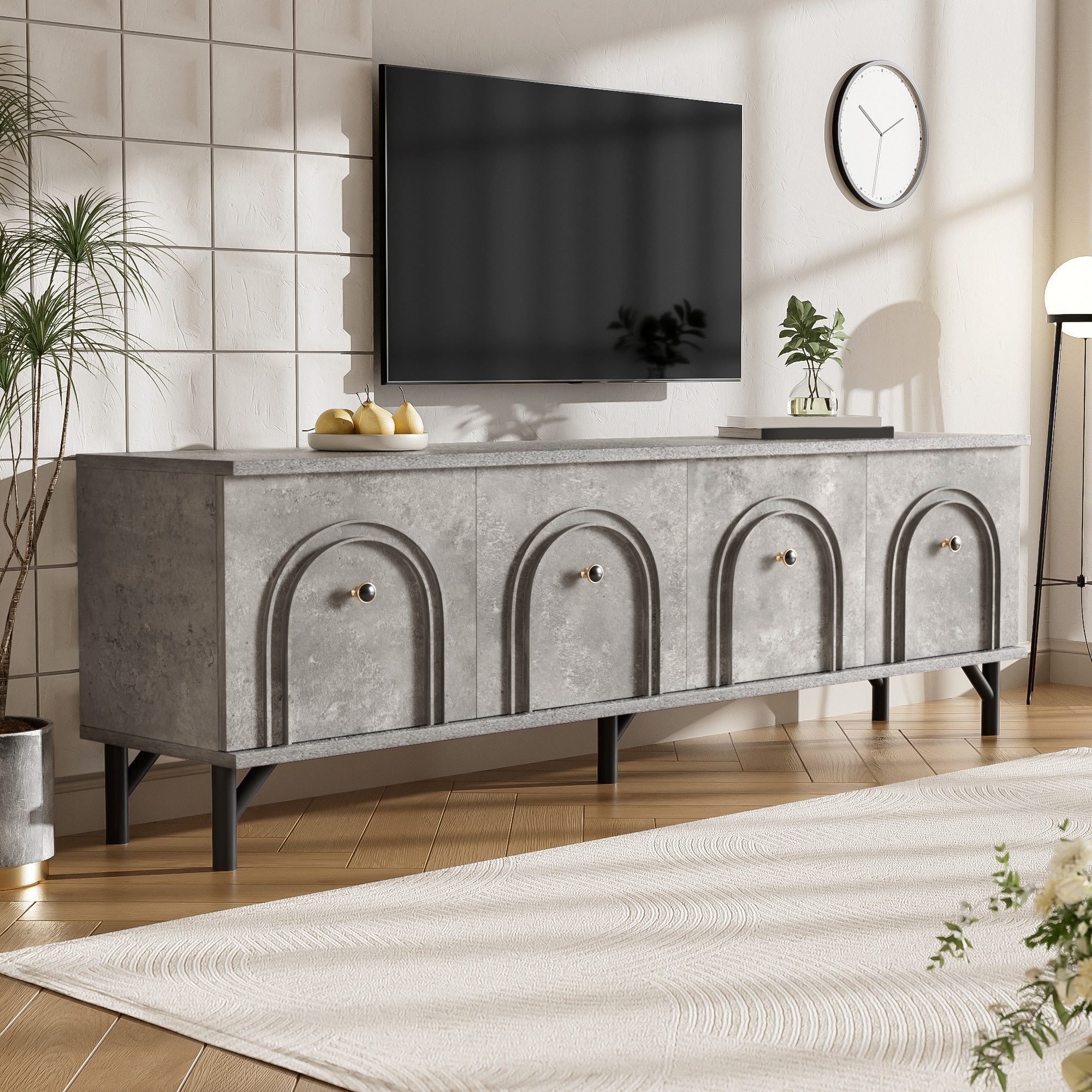 Furnishings Home TV-Bank Modernes 4-türiges Soft-Close-Scharniere 3D-Bogenfront (1 St), Stilvolles Design 3D-Bogenfront Weiß Grau