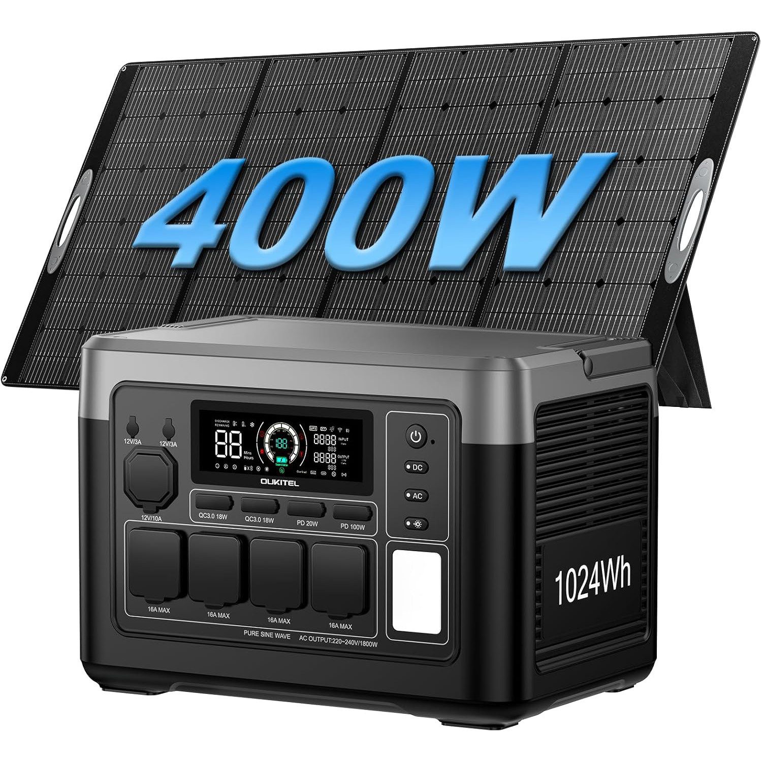 OUKITEL Stromerzeuger P1000E Plus 1800W/1024Wh Tragbare Powerstation, 1,8 in kW, (LiFePO4-Akku, 1-tlg., Mit 400W Solarpanel), Solargenerator mit 4*1800W AC Ausgänge, für Camping,Wohnmobil,Notfall
