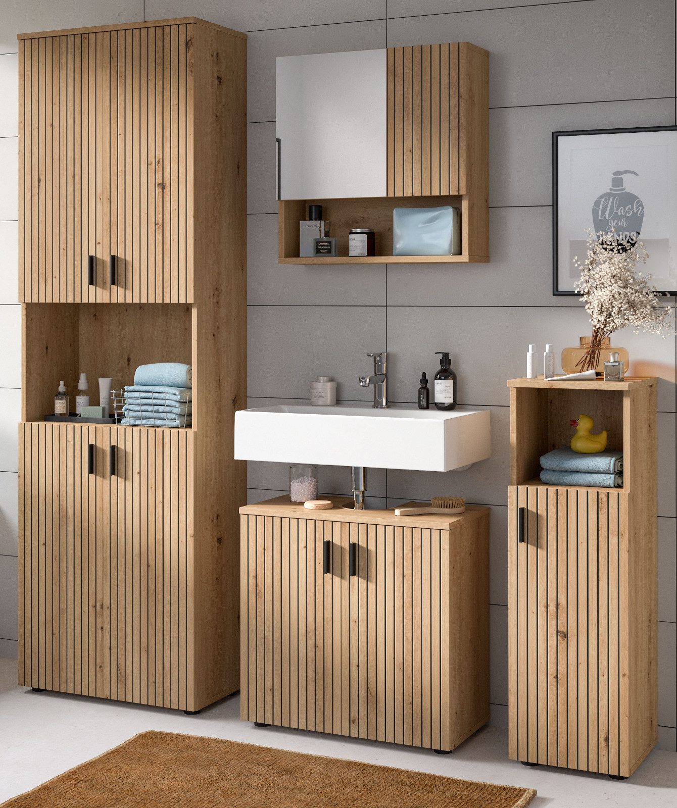 Inn.Furn Badmöbel-Set Livia, (Badezimmer in Eiche Artisan mit Rillen, 4-teilig, 180 x 192 cm), mit 19 Fächern