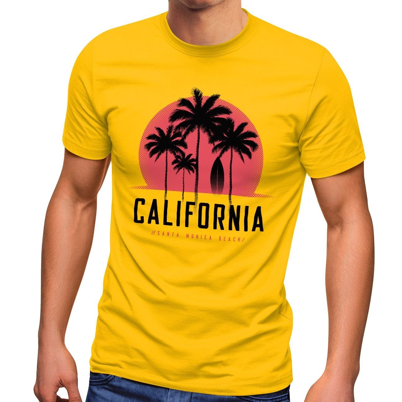 Neverless Print-Shirt Herren T-Shirt California Palmen Santa Monica Beach Sommer Sonne Fashion Streetstyle Neverless® mit Print gelb | 