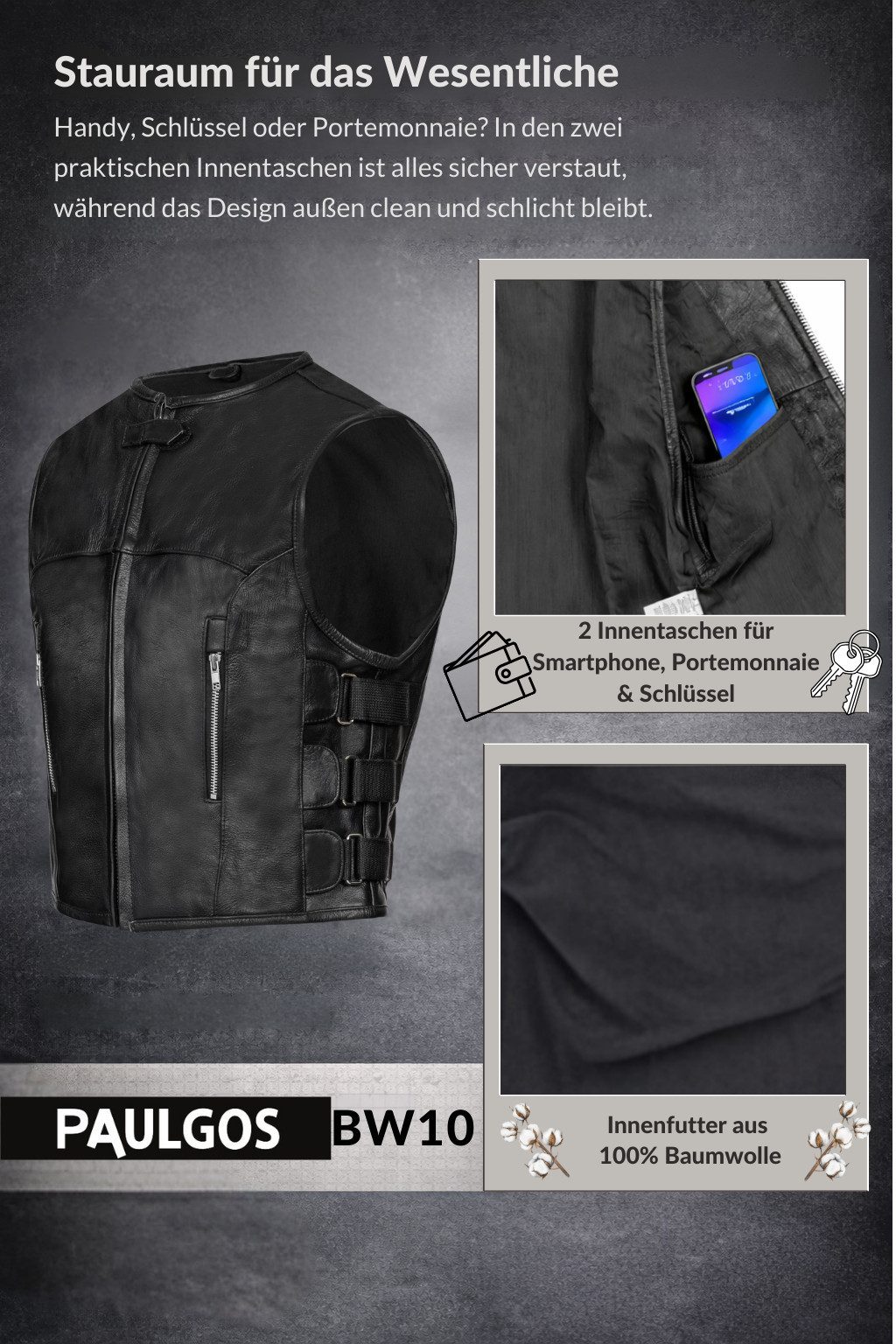 PAULGOS Motorradweste Lederweste Biker Kutte Clubweste Chopper Weste 100% Echtleder - BW10