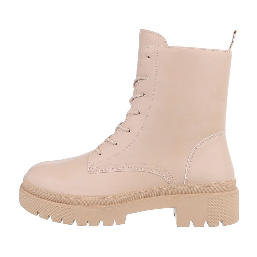 Ital-Design Schnürschuhe Plateaustiefeletten Freizeit Blockabsatz in Schnürstiefelette Beige Damen