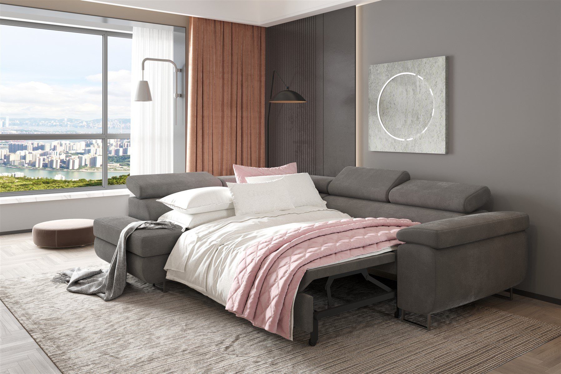 Fun Möbel Ecksofa Couchgarnitur JADE Stoff Hellgrau-Anthrazit Schlaffunktio günstig online kaufen