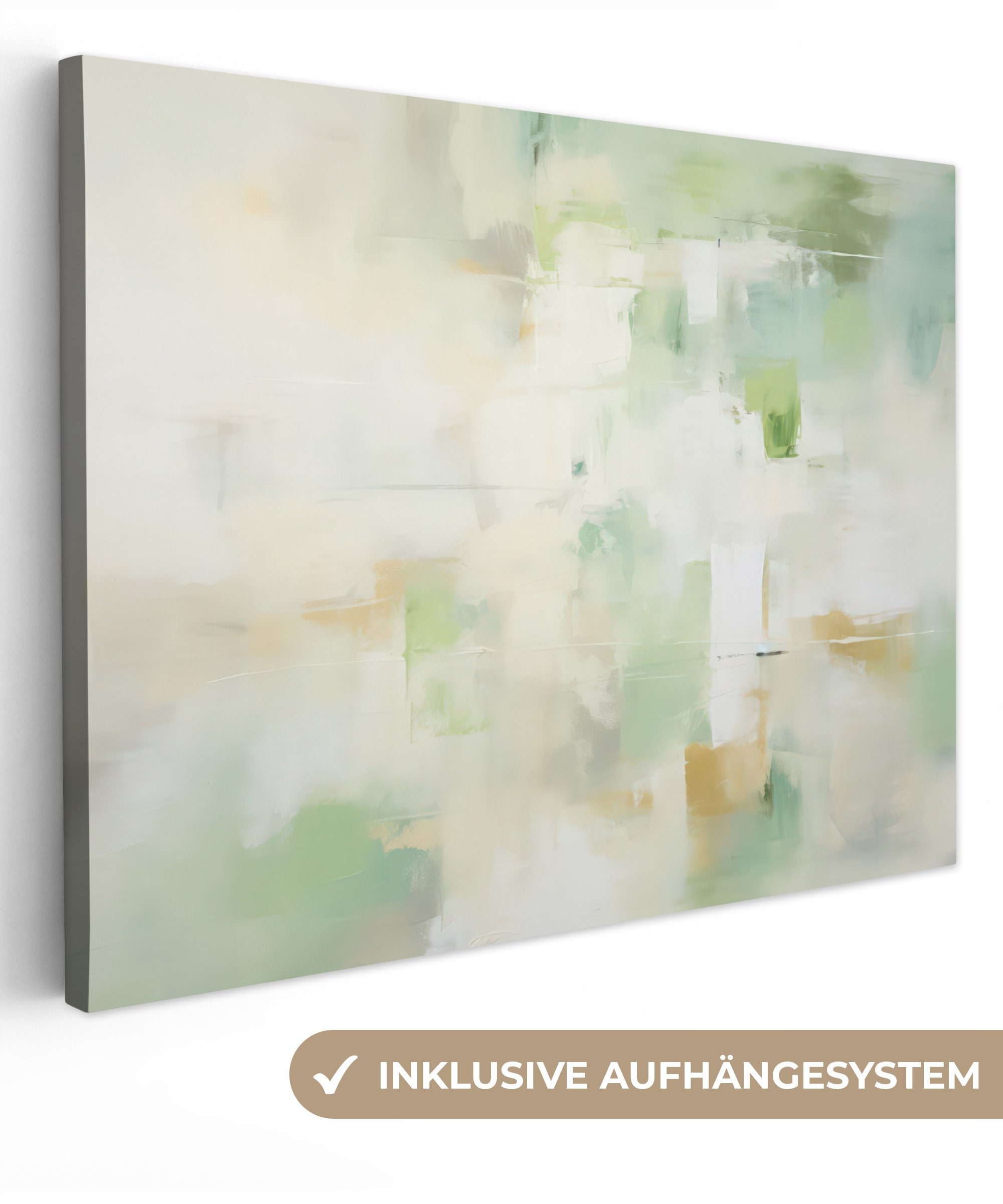 OneMillionCanvasses® Leinwandbild Abstrakt - Kunst - Weiß - Grün - Modern, Grün, Weiß (1 St), Wandbild Leinwandbilder, Aufhängefertig, Wanddeko 40x30 cm