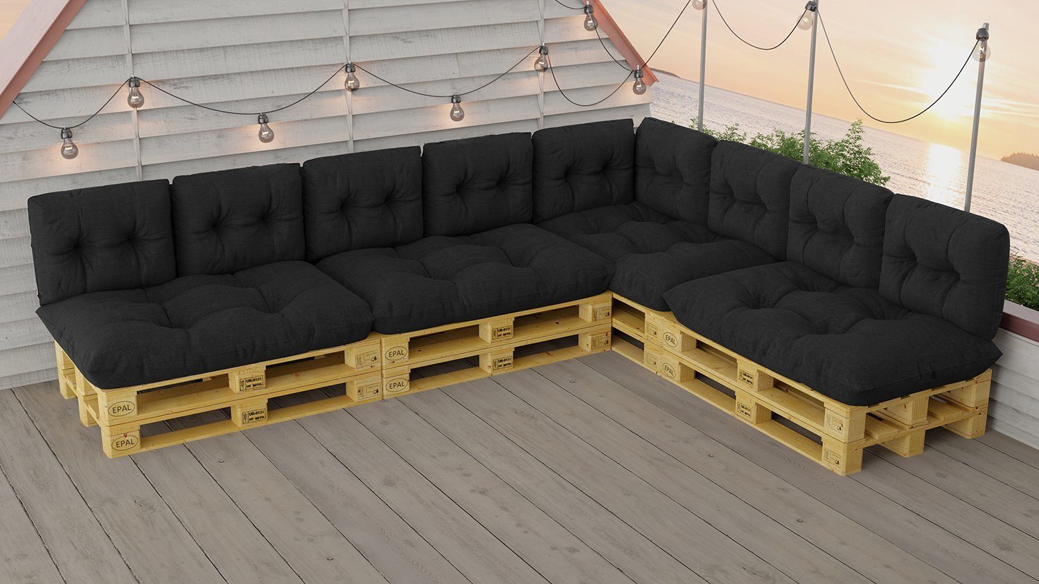 Roysson Garden Palettenkissen Set Wasserdicht Outdoor 13ER SET GRAU SCHWARZ, mit Bindebänder