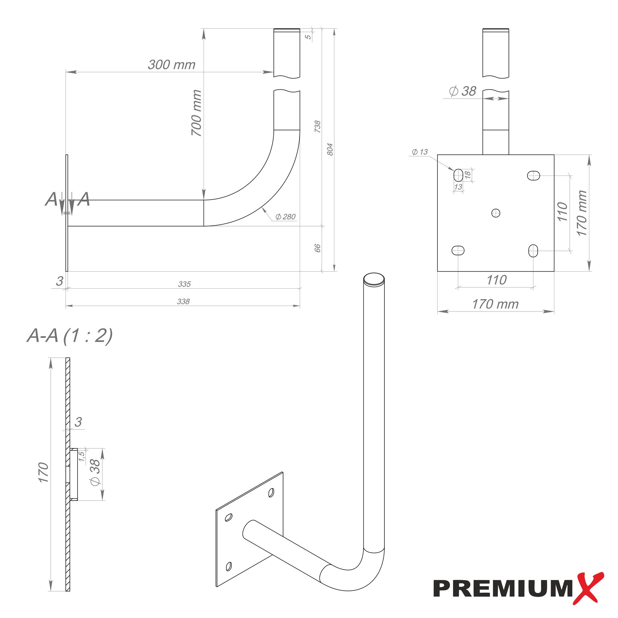 PremiumX SAT-Halterung 30cm Wandhalter 70 cm Mast Stahl verzinkt Wand Montage Halter 38 mm