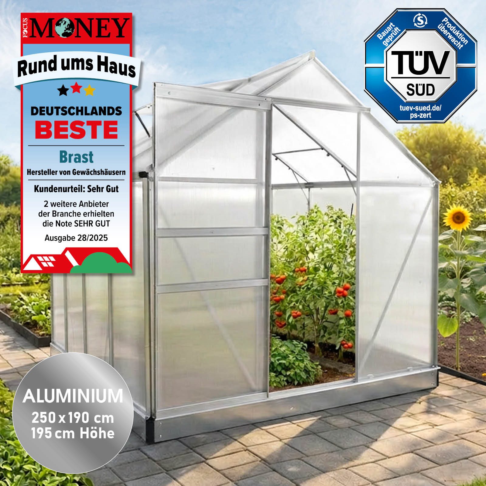 BRAST Gewächshaus ALU mit Fundament rostfrei 250x190x195cm TÜV geprüft, BxTxH: 190 x 250 x 195 cm, wetterfestes hochwertiges Aluminium, Temperaturbeständig, Wärmedämmend, Lichtbrechend & UV-stabilisiert