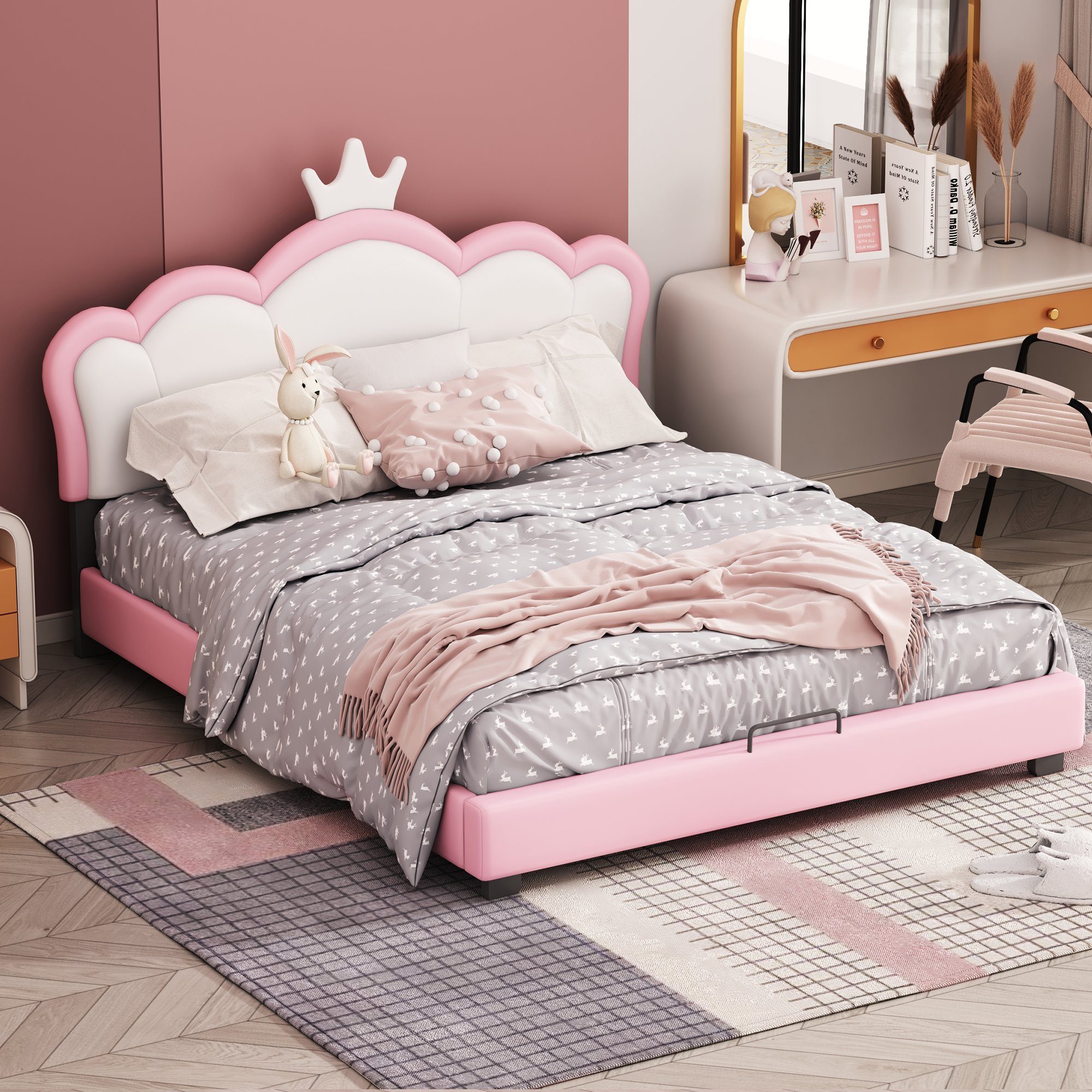 EXTSUD Kinderbett Babybett Kissenbett 140*200cm, mit Lattenrost und  Rückenlehne, Kronenförmiges Mädchenbett, rosa (ohne Matratze)