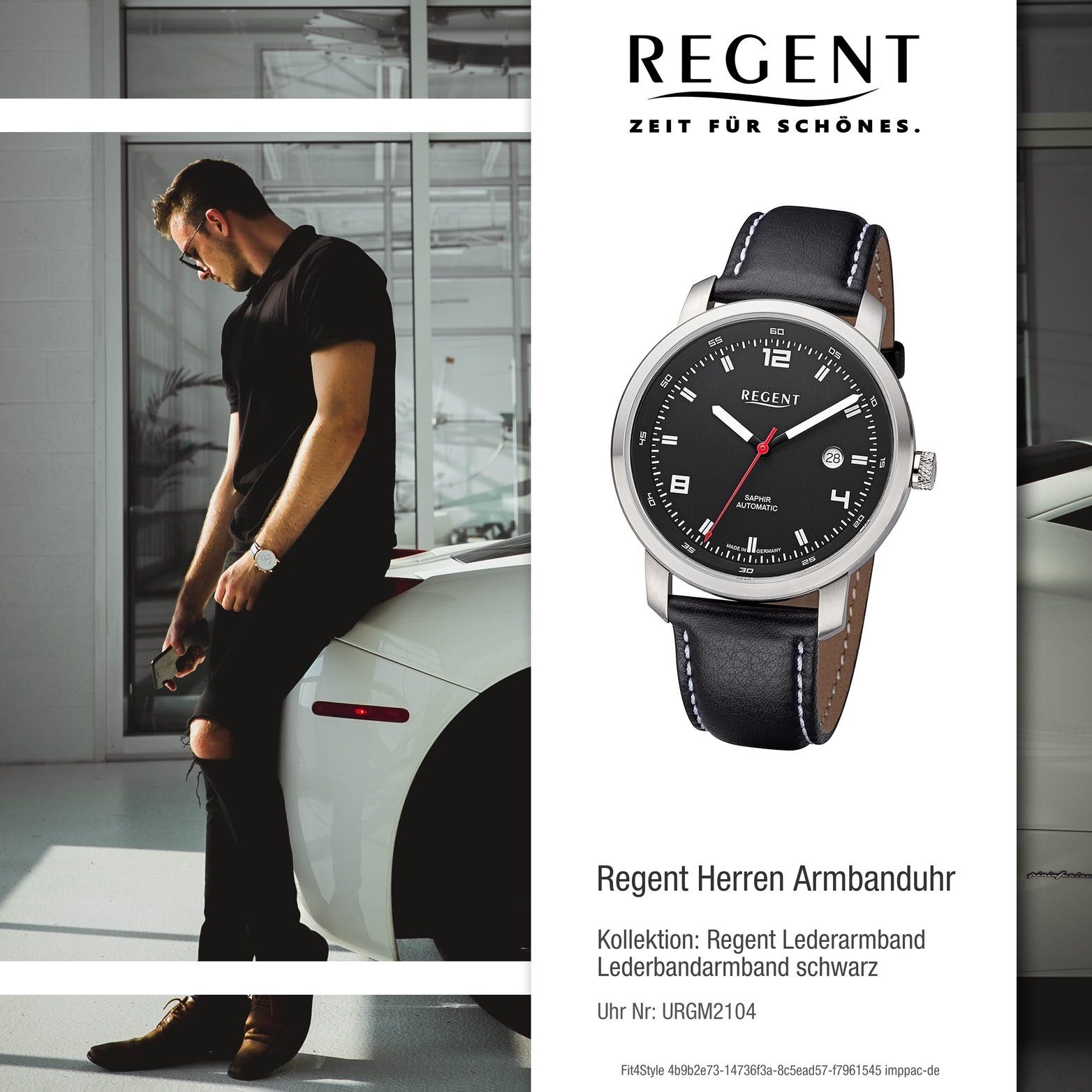 Regent Quarzuhr Herren Gehäuse, 44mm) (ca. Lederbandarmband rundes Analog, schwarz, Herrenuhr Regent Armbanduhr groß