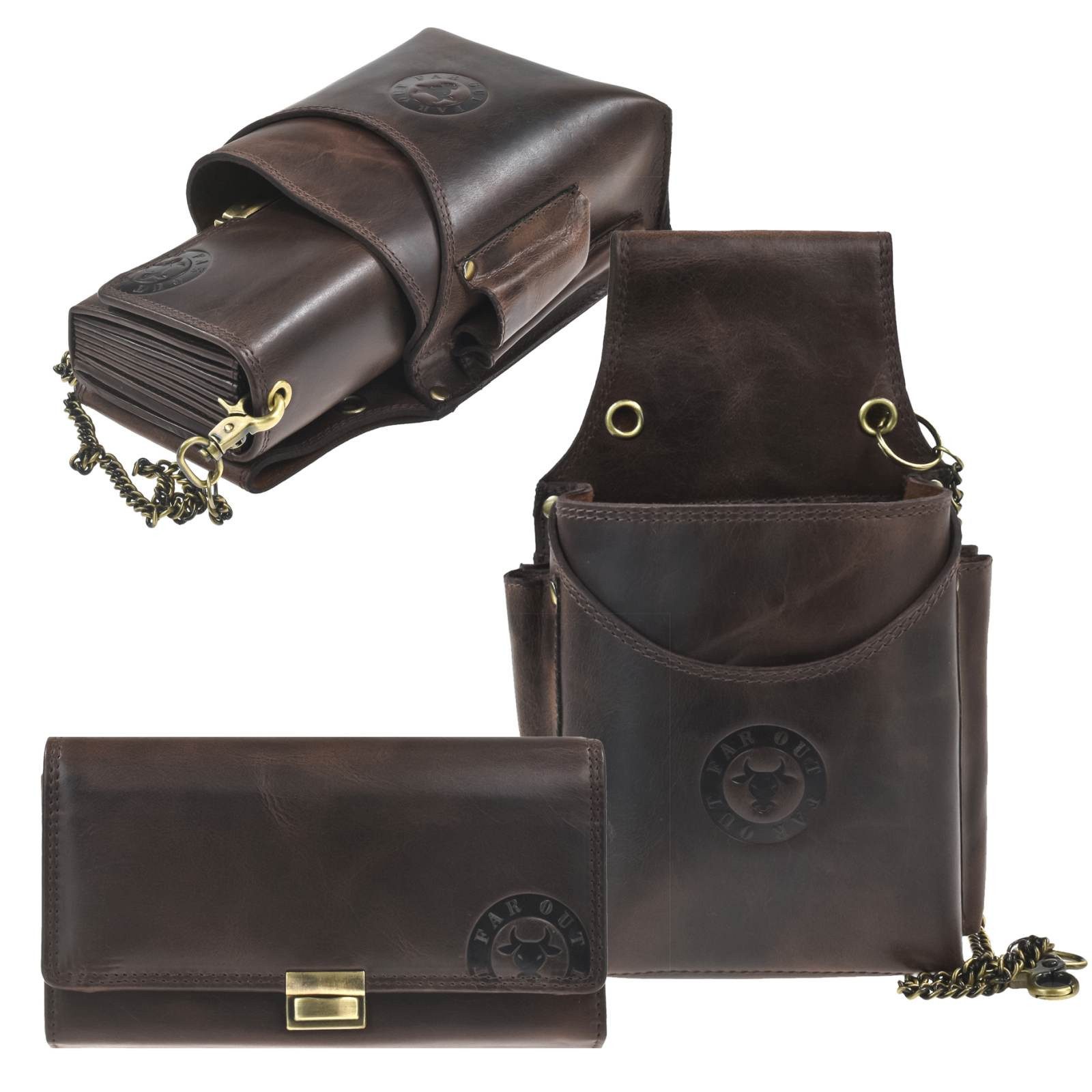 KLOEHN Kellnerbörse Kellnergeldbeutel Set 8 Scheinfächer mit Holster Kette Leder braun (Set, 3-teilig), Holster mit praktischem Blockfach und zwei seitlichen Stiftfächern