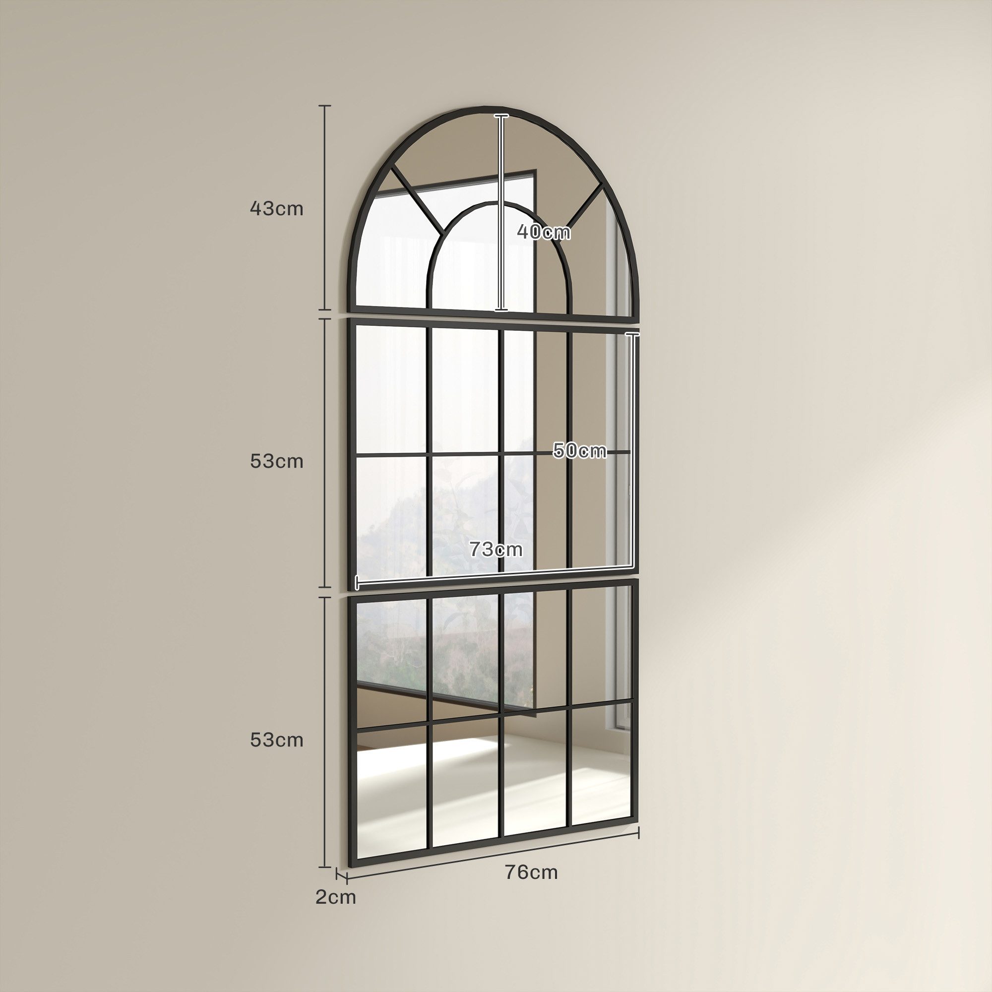 HOMCOM Wandspiegel mit Metallrahmen, dekorative Fensterspiegel (Hängespiegel, 3-St., bogenförmiger Spiegel), für Badezimmer Wohnzimmer Schwarz