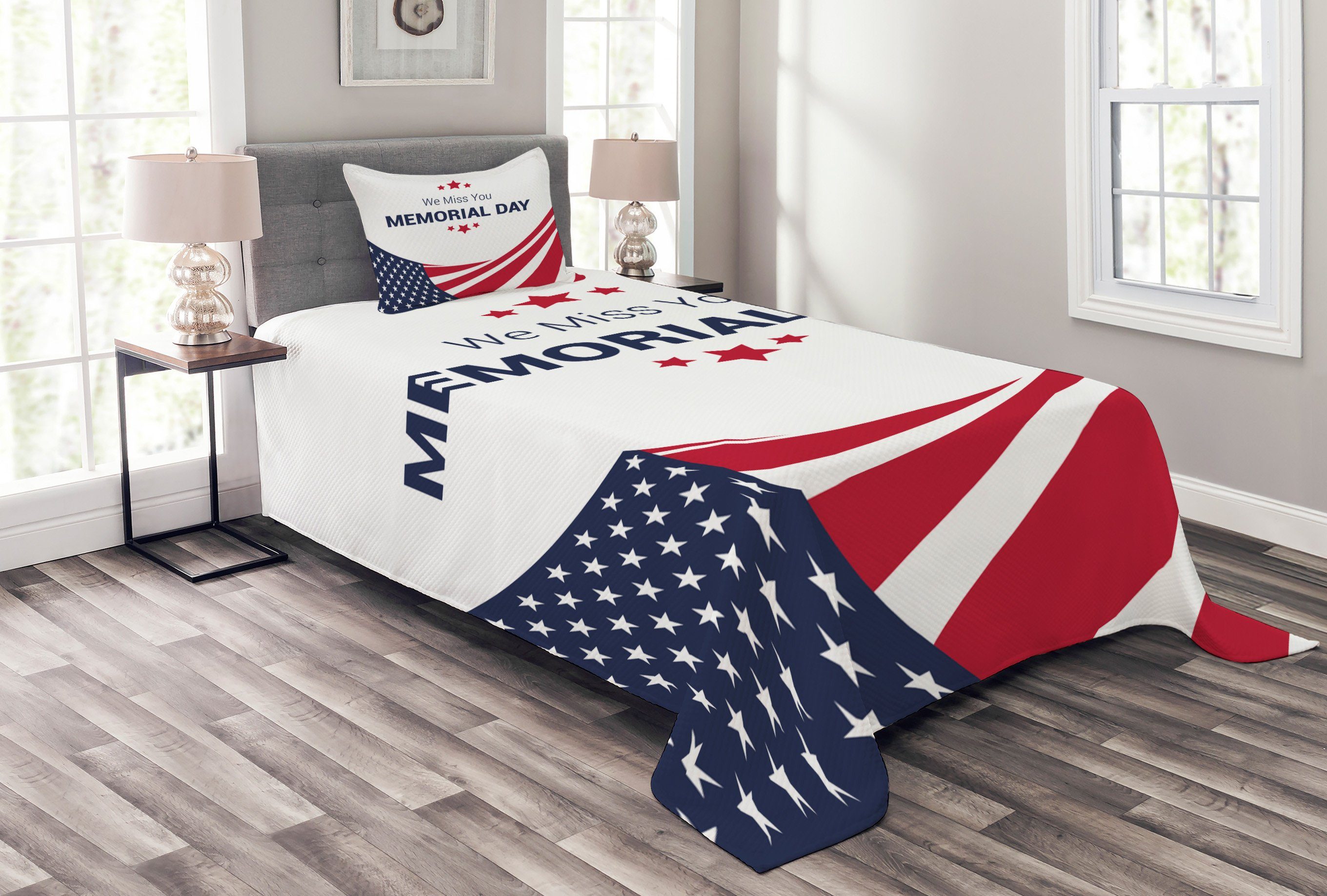 Tagesdecke Set mit Kissenbezügen Waschbar, Abakuhaus, Gedenktag Amerikanische Flagge Urlaub