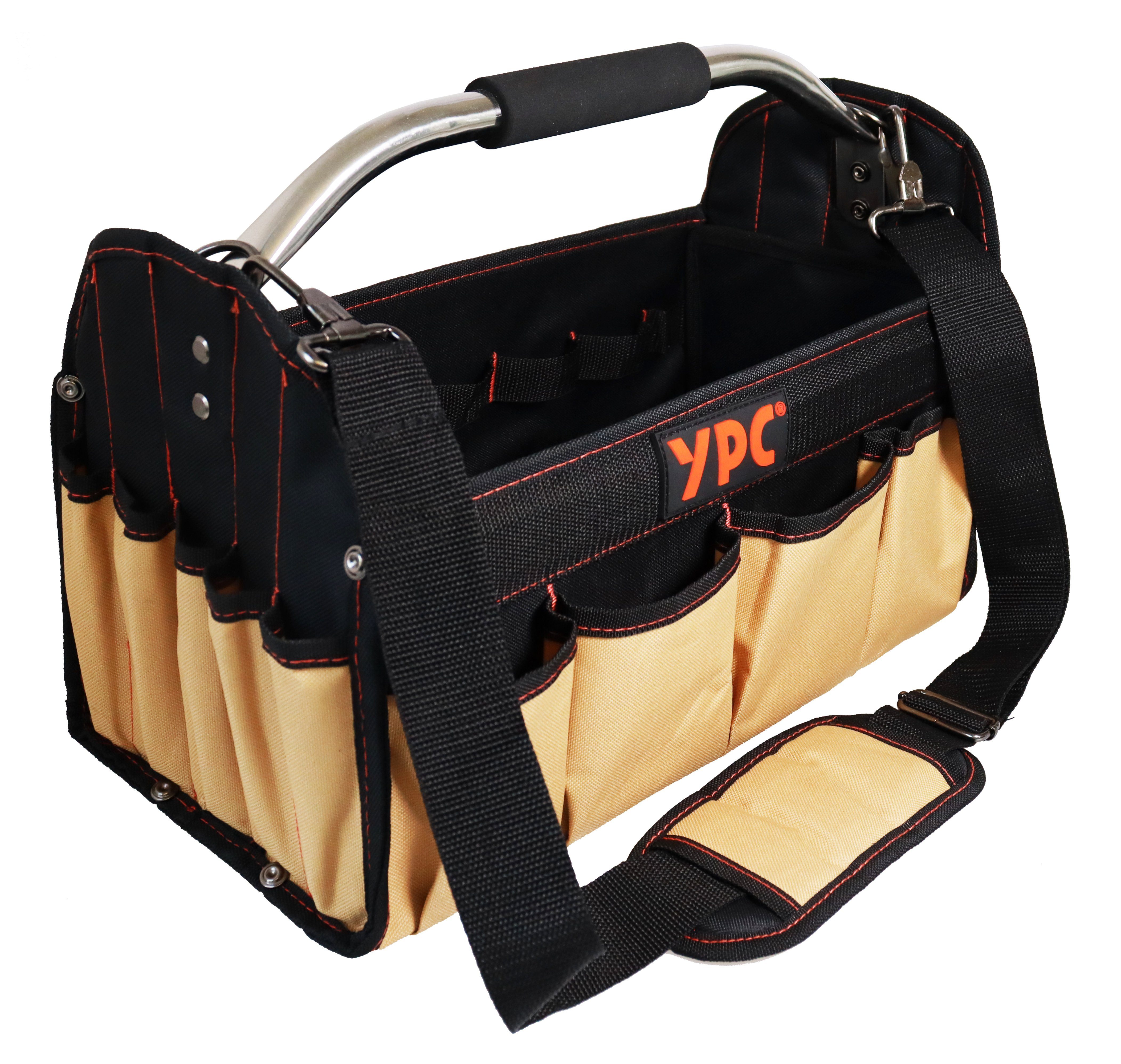 YPC Werkzeugtasche "Carrier" Werkzeugkorb XL, offene Werkzeugtasche mit Metallgriff, 40,5x30x19,5cm, 20 kg Tragkraft, Tragetasche für Werkzeug mit Haltern, Fächern und Einschüben Beige | Werkzeugtaschen