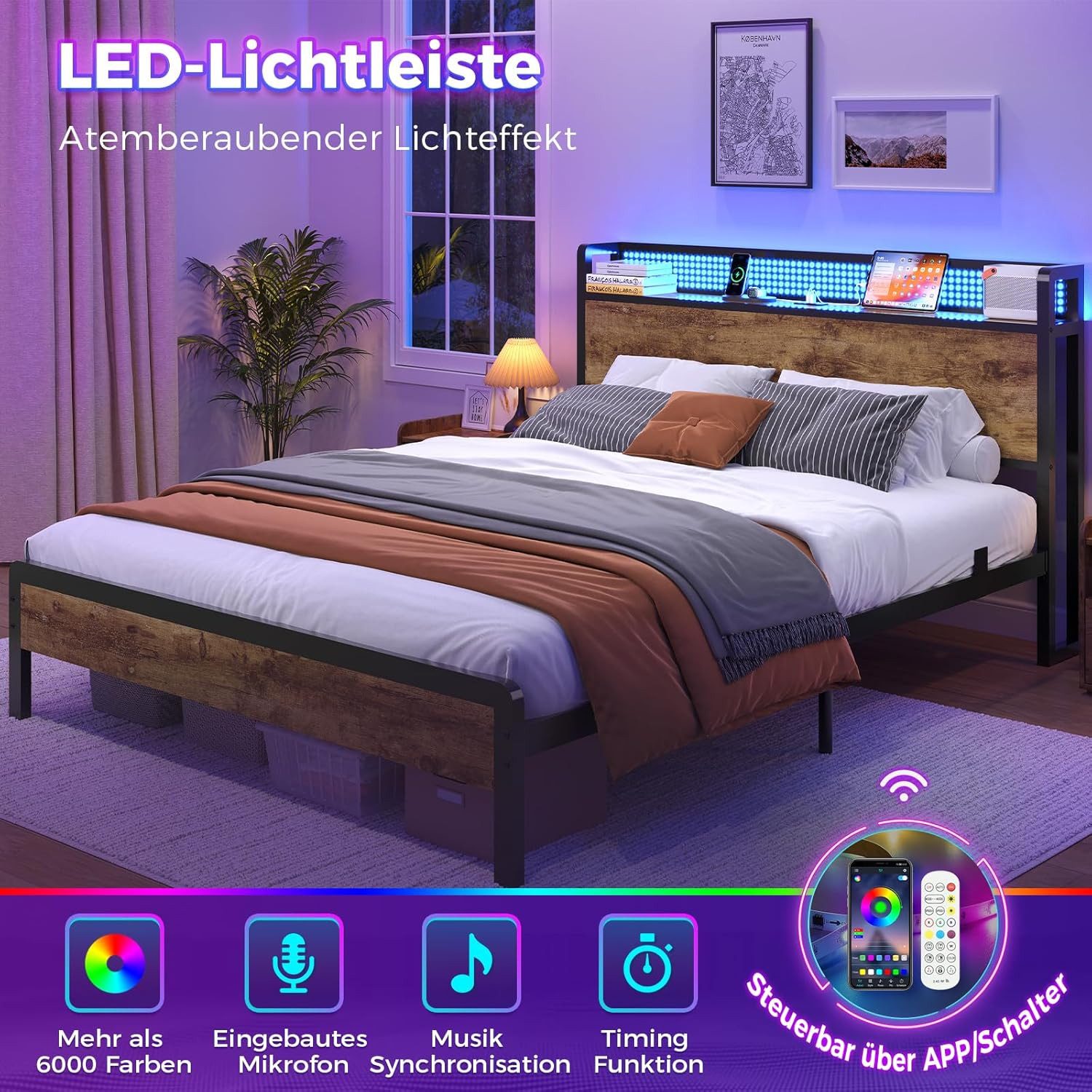 KIMENICH Metallbett mit LED-Beleuchtung – Metallrahmen, Ladestation, Vintage Braun (1-tlg., Ohne Matratze), Jugendbett, Bettgestell 140x200cm – Bild 4 von 5