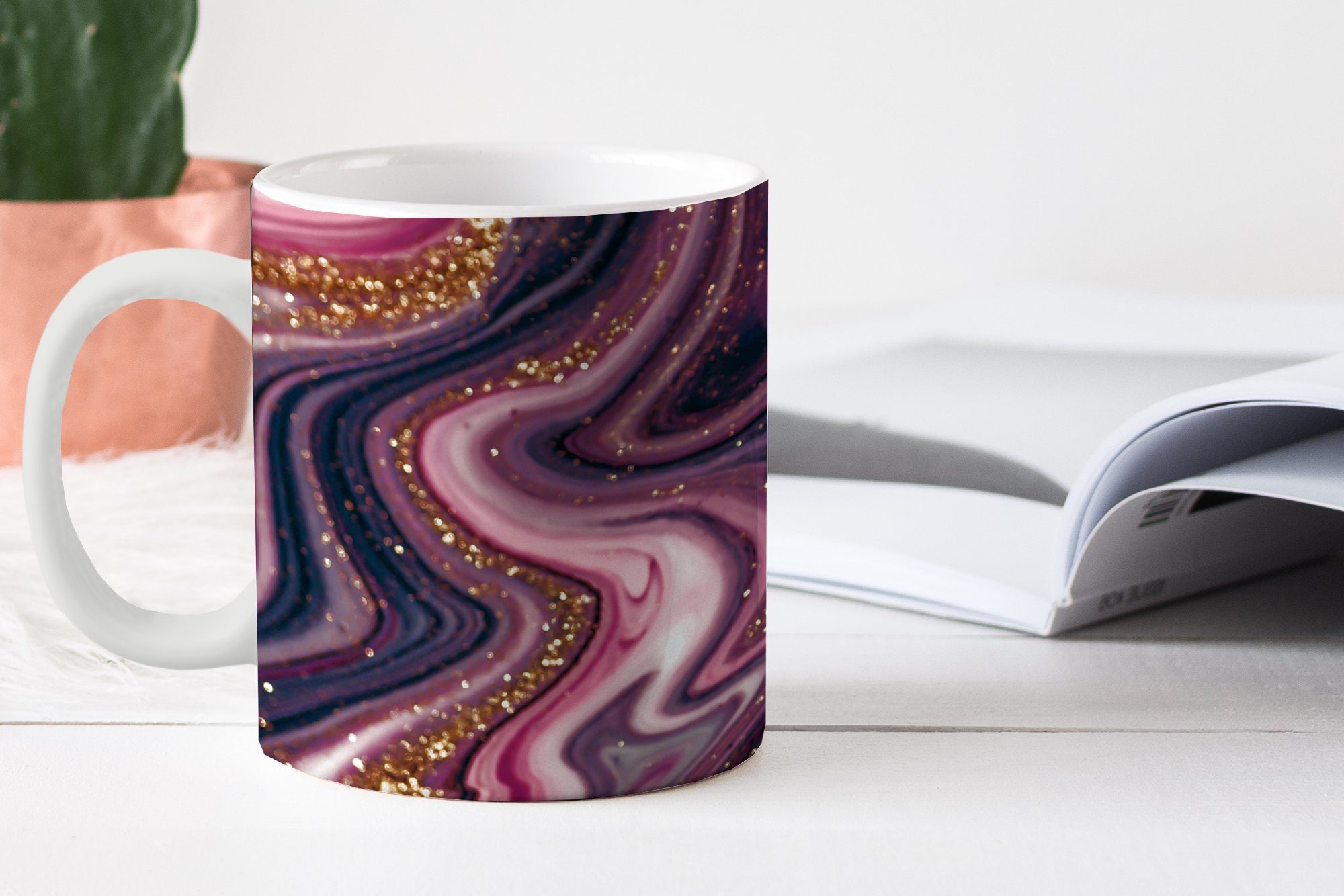 MuchoWow Tasse Kaffeetassen, - Becher, Gold Lila Teetasse, Marmoroptik Geschenk Rosa - Keramik, Teetasse, Luxus - - Marmor, 