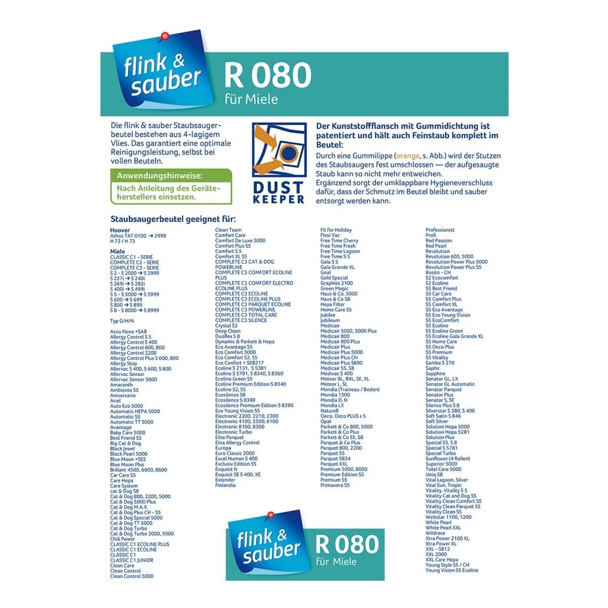 flink & sauber Staubsaugerbeutel R 080, passend für Miele, Hoover, 4 St., 4-lagiges Vlies, geruchsneutralisierend