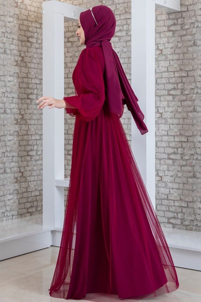Abendkleid Abiye Hijab Kleid Gürtel langärmliges Abaya Modavitrini Rotviolett Damen Maxikleid mit Tüllkleid