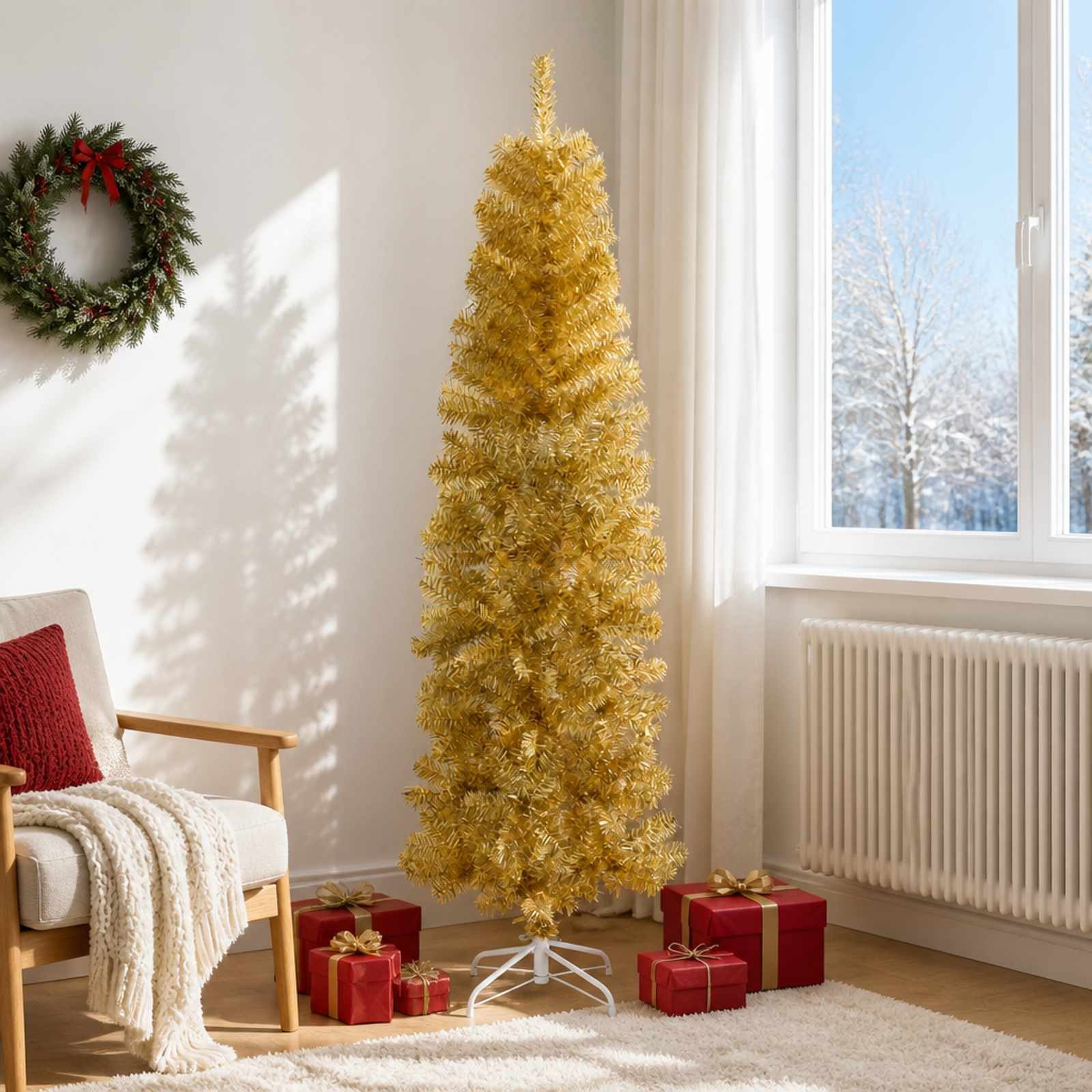 furnicato Künstlicher Weihnachtsbaum Schmaler Weihnachtsbaum 48 x 180 cm Gold PVC/Stahl, Weihnachtsdeko-Baum mit Ständer