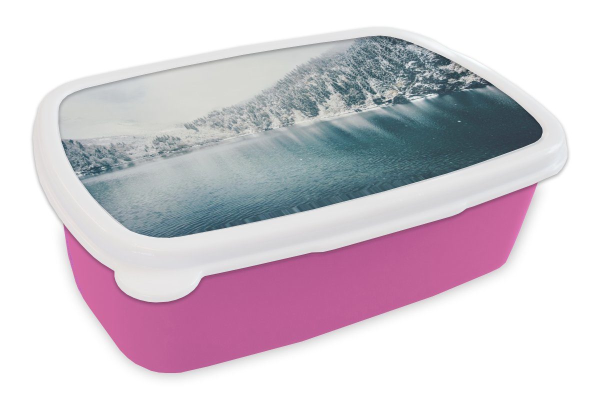 MuchoWow Lunchbox Winter - Wasser - Schnee, Kunststoff, (2-tlg), Brotbox für Erwachsene, Brotdose Kinder, Snackbox, Mädchen, Kunststoff rosa