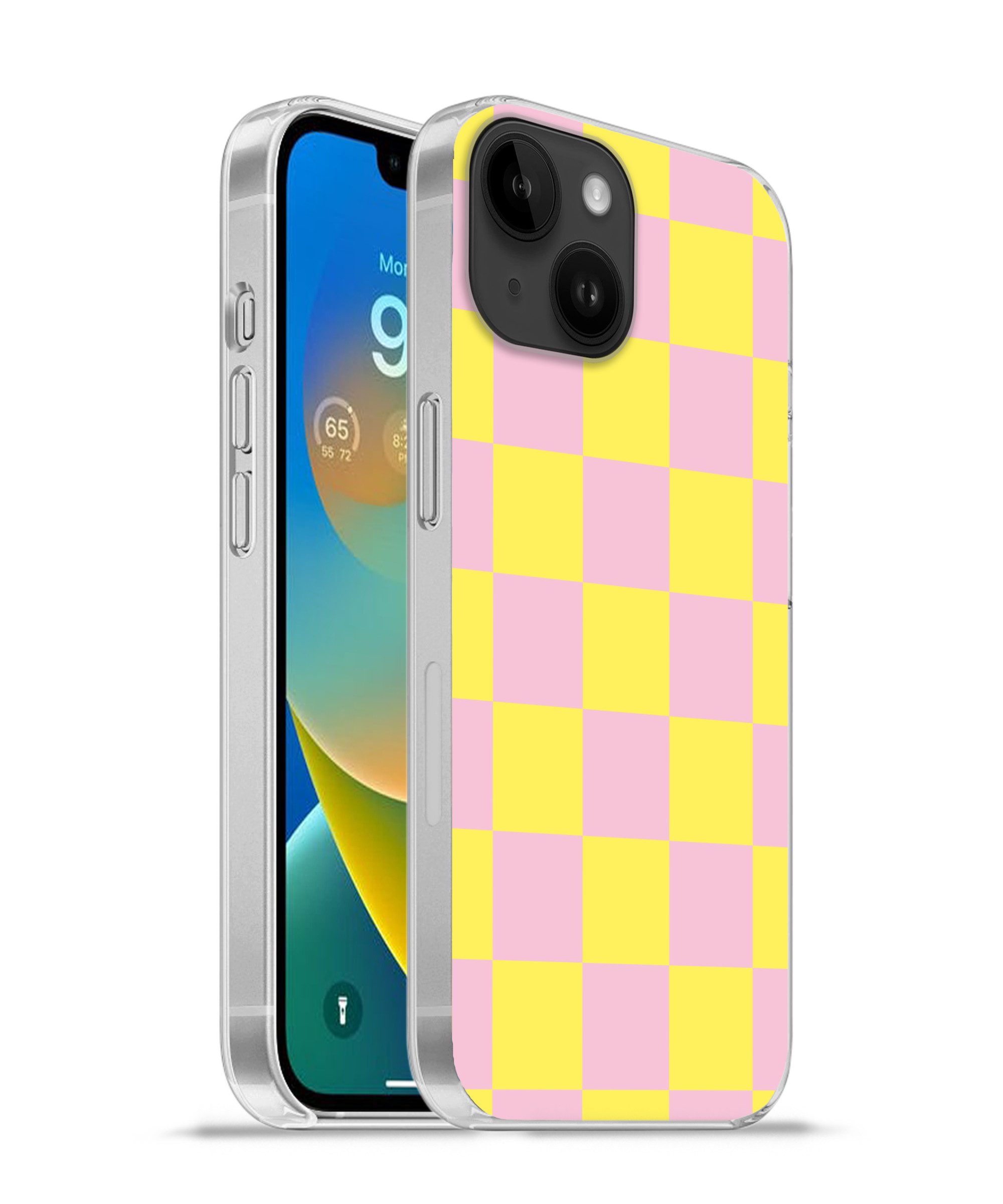 MuchoWow Handyhülle für Apple iPhone 14 Schachbrettmuster - Gelb - Rosa - Würfel, Smartphone-Bumper, Print, Handy Schutzhülle Dünn