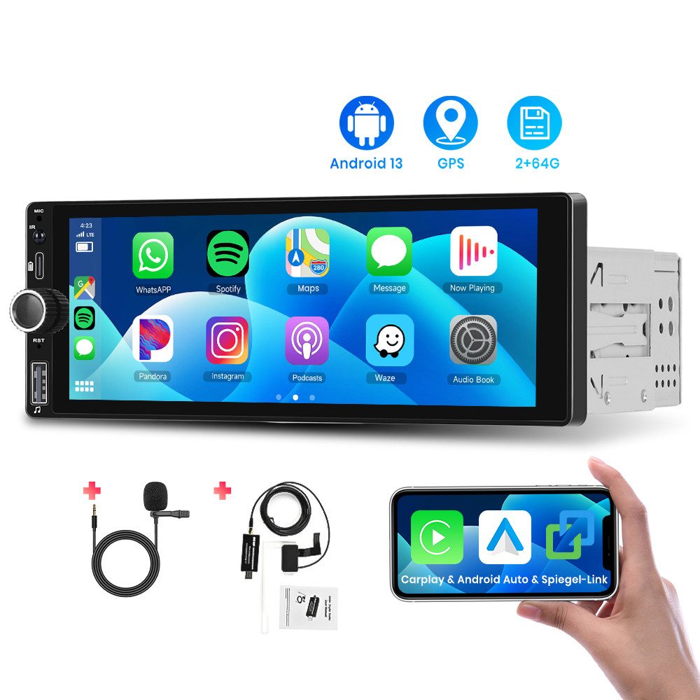 Hikity 1DIN 6.86" Android 13.0 Universal Car Player mit Drehknopf(2+64G) Autoradio (FM, GPS, WIFI, Kabelloses Carplay&Kabelgebundenes Android Auto, Mirro link,bluetooth,Steuerung über das Lenkrad)