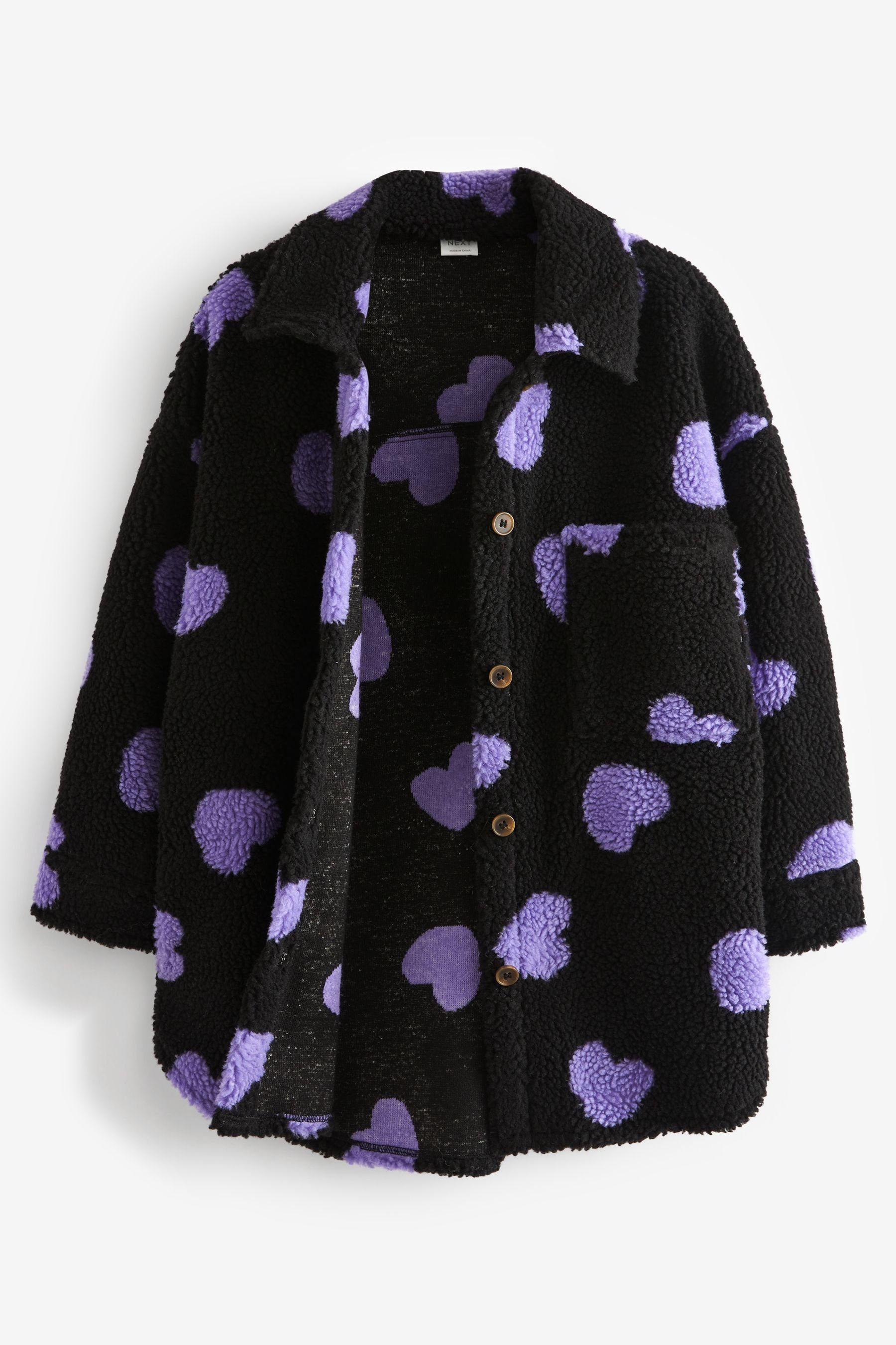 Fleece-Hemdjacke Teddystoff Fleecejacke (1-St) Heart Black/Purple Next aus Print