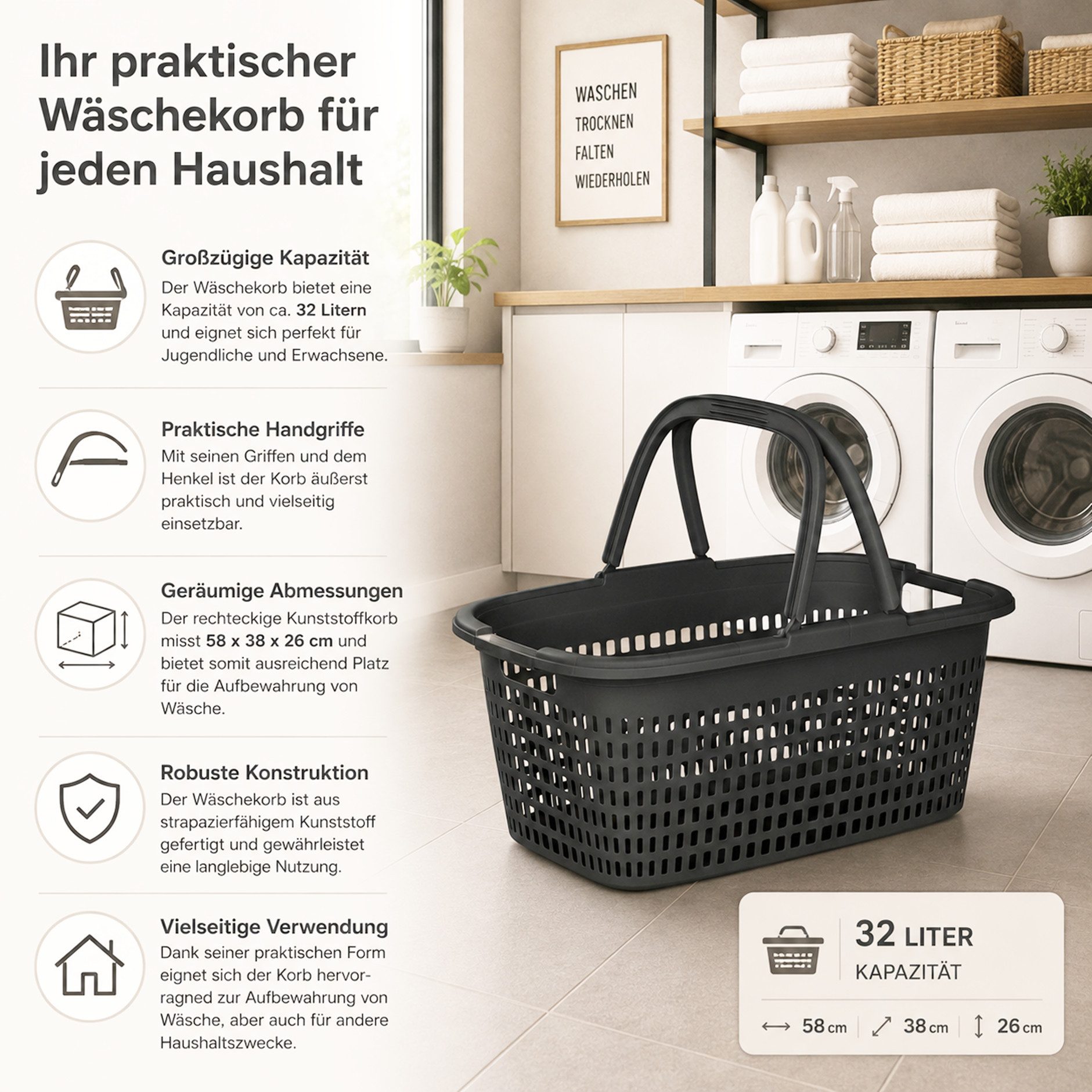 Ebaxx Wäschekorb Henkel Wäsche Wanne Korb Einkaufskorb Bügel Plastik Griffen Kunststoff