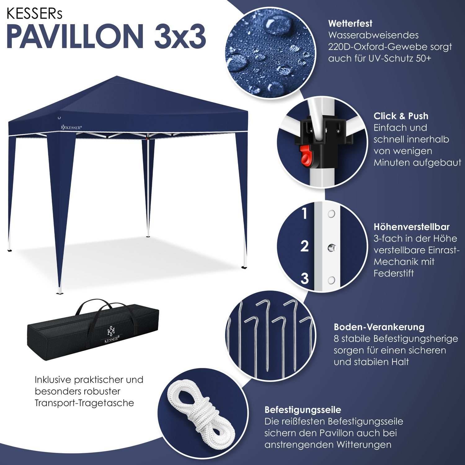 KESSER Pavillon, Pavillon 3x3m wasserdicht inkl. Tasche Pop-Up Klicksystem