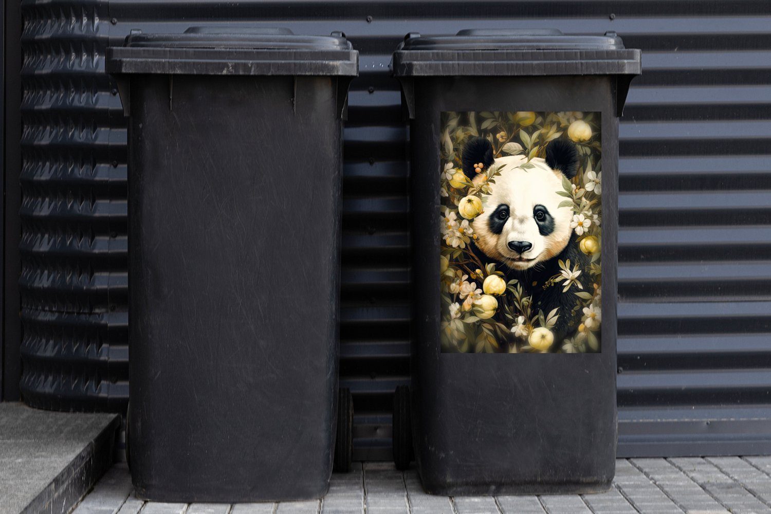 Sticker, Pandabär Container, Wildtiere - St), MuchoWow Wandsticker (1 - Panda Mülltonne, Mülleimer-aufkleber, Blumen - Abfalbehälter